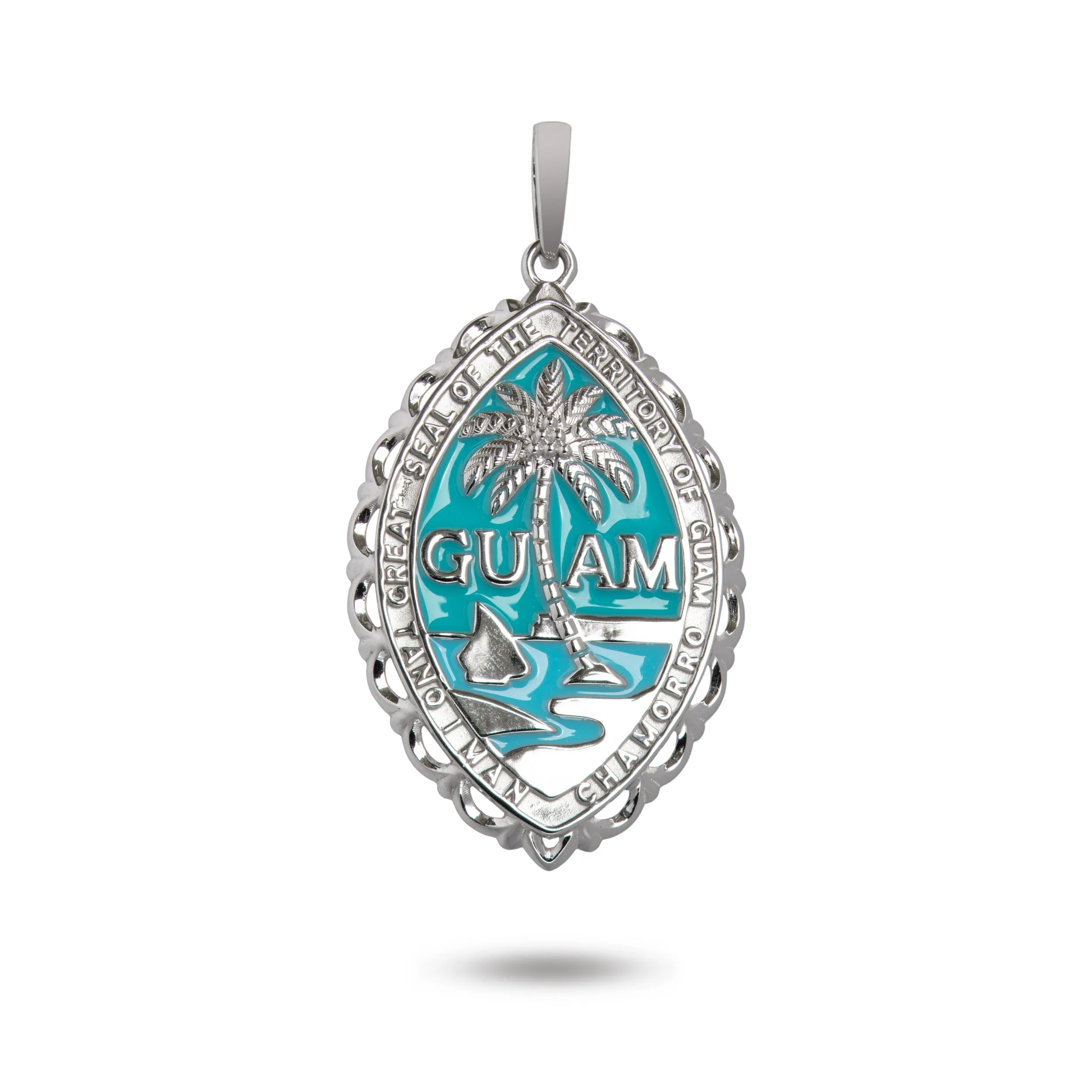 14K White Gold Guam Seal Territory Wave Pendant with Blue Enamel VINCE