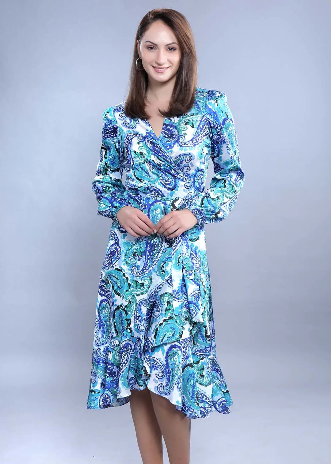 A-Line Wrap Around Satin Printed Dress French Theory
