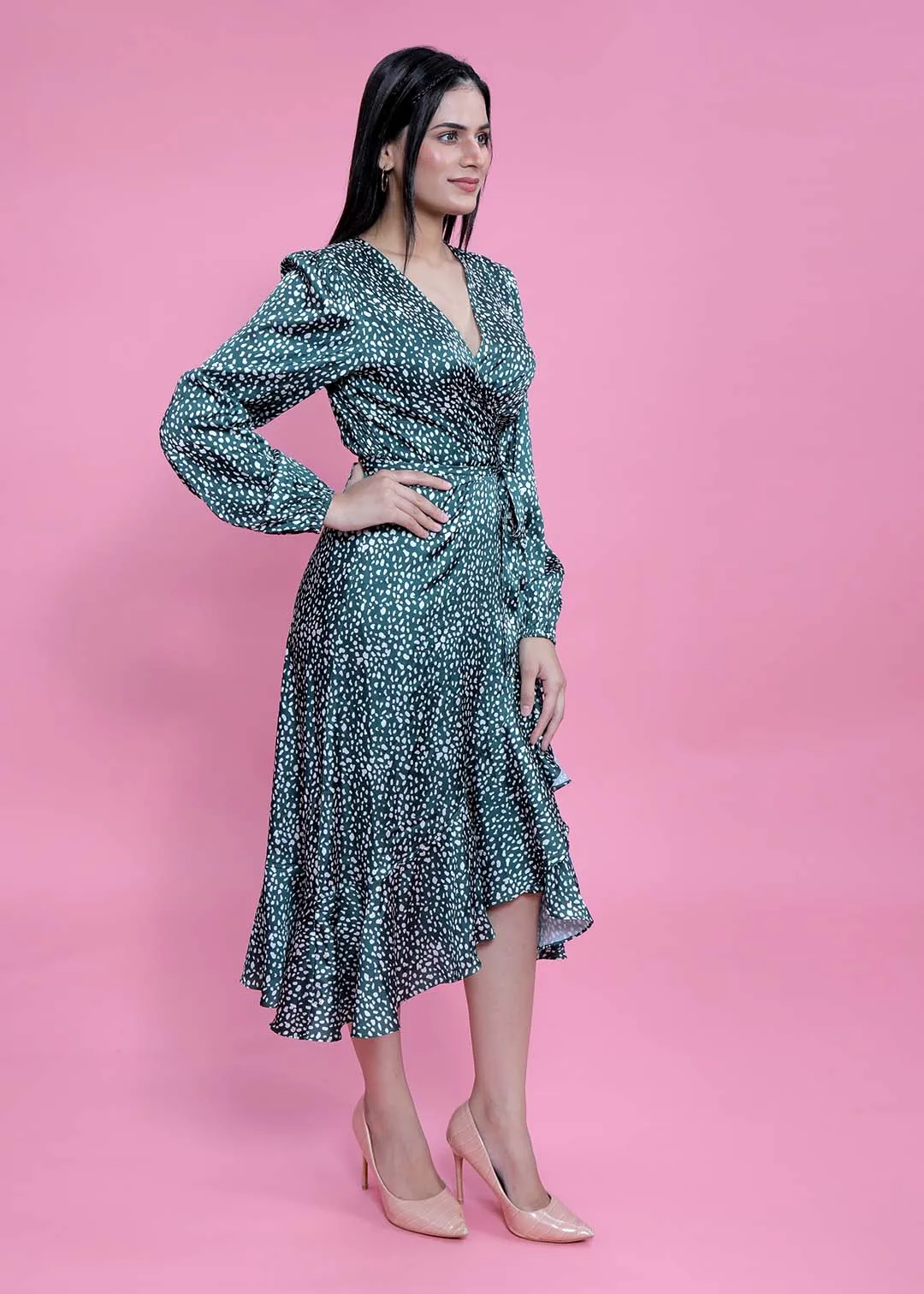A-Line Wrap Around Satin Printed Dress French Theory