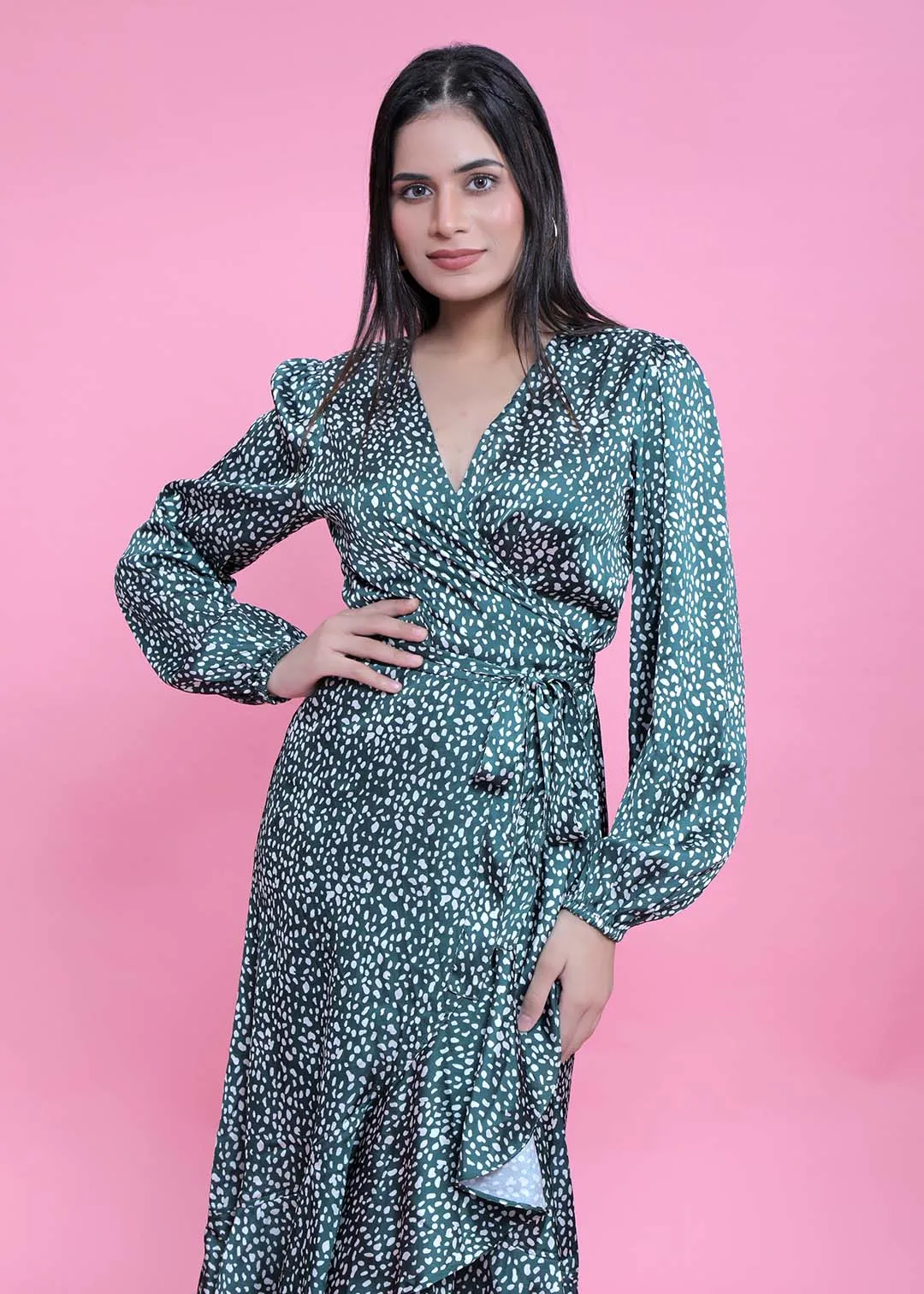 A-Line Wrap Around Satin Printed Dress French Theory