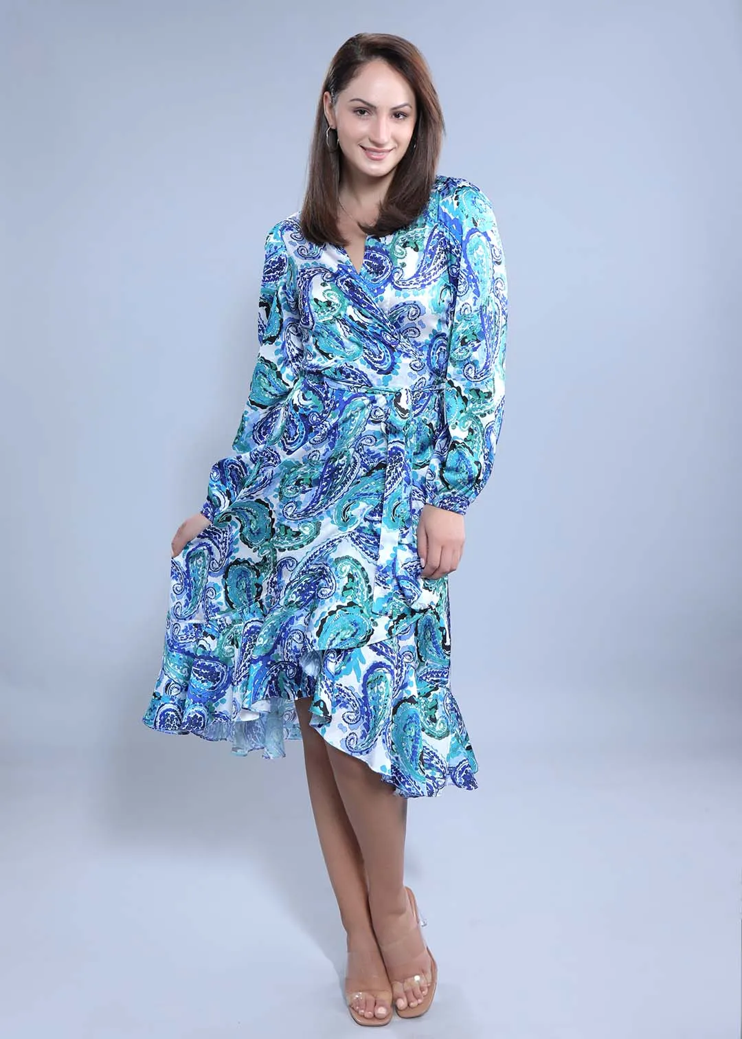 A-Line Wrap Around Satin Printed Dress French Theory