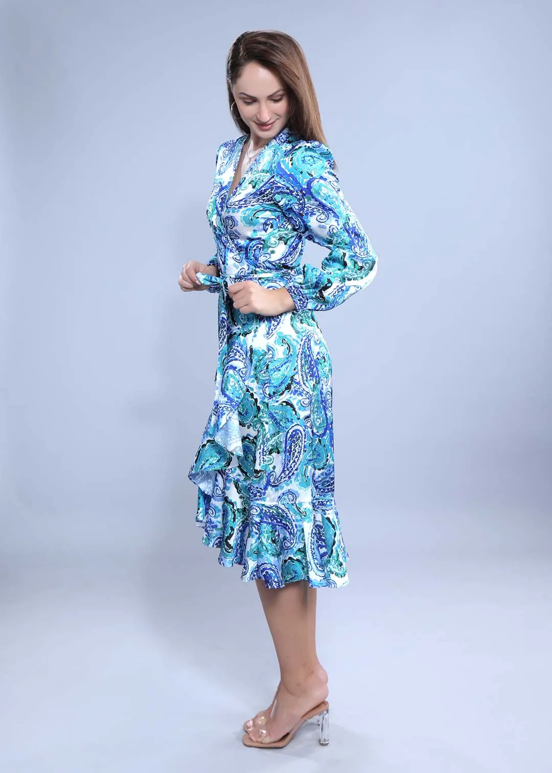 A-Line Wrap Around Satin Printed Dress French Theory