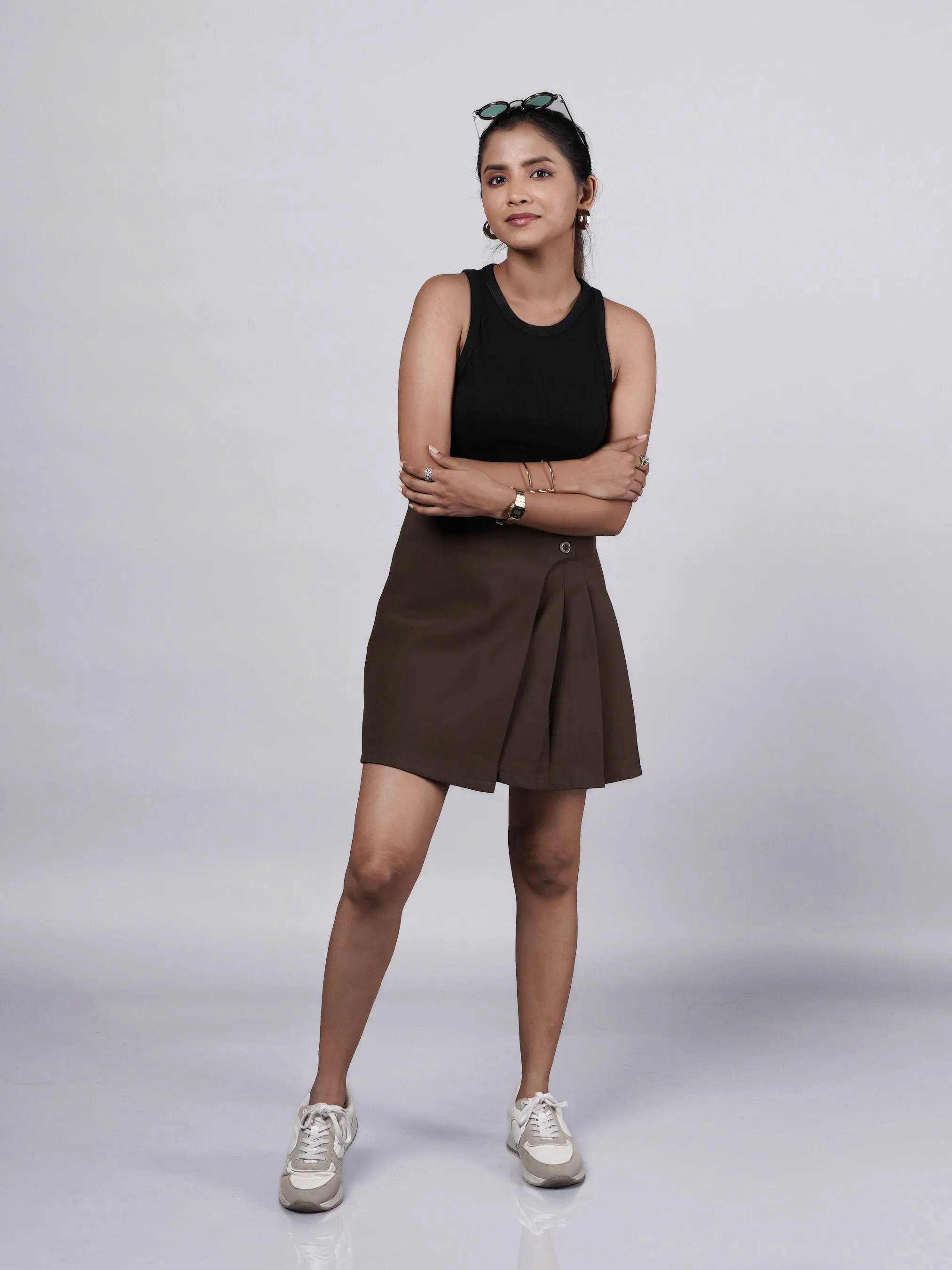 Asymmetrical Box Pleated Brown Mini Skirt French Theory
