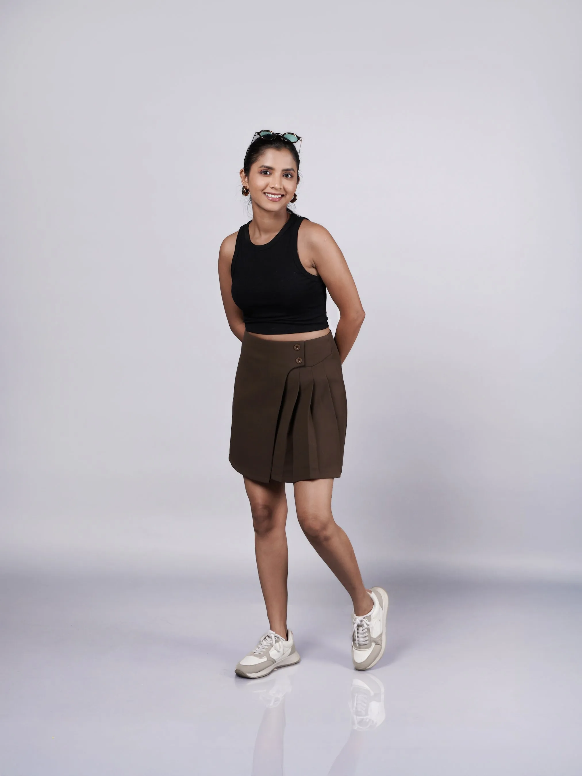 Asymmetrical Box Pleated Brown Mini Skirt French Theory