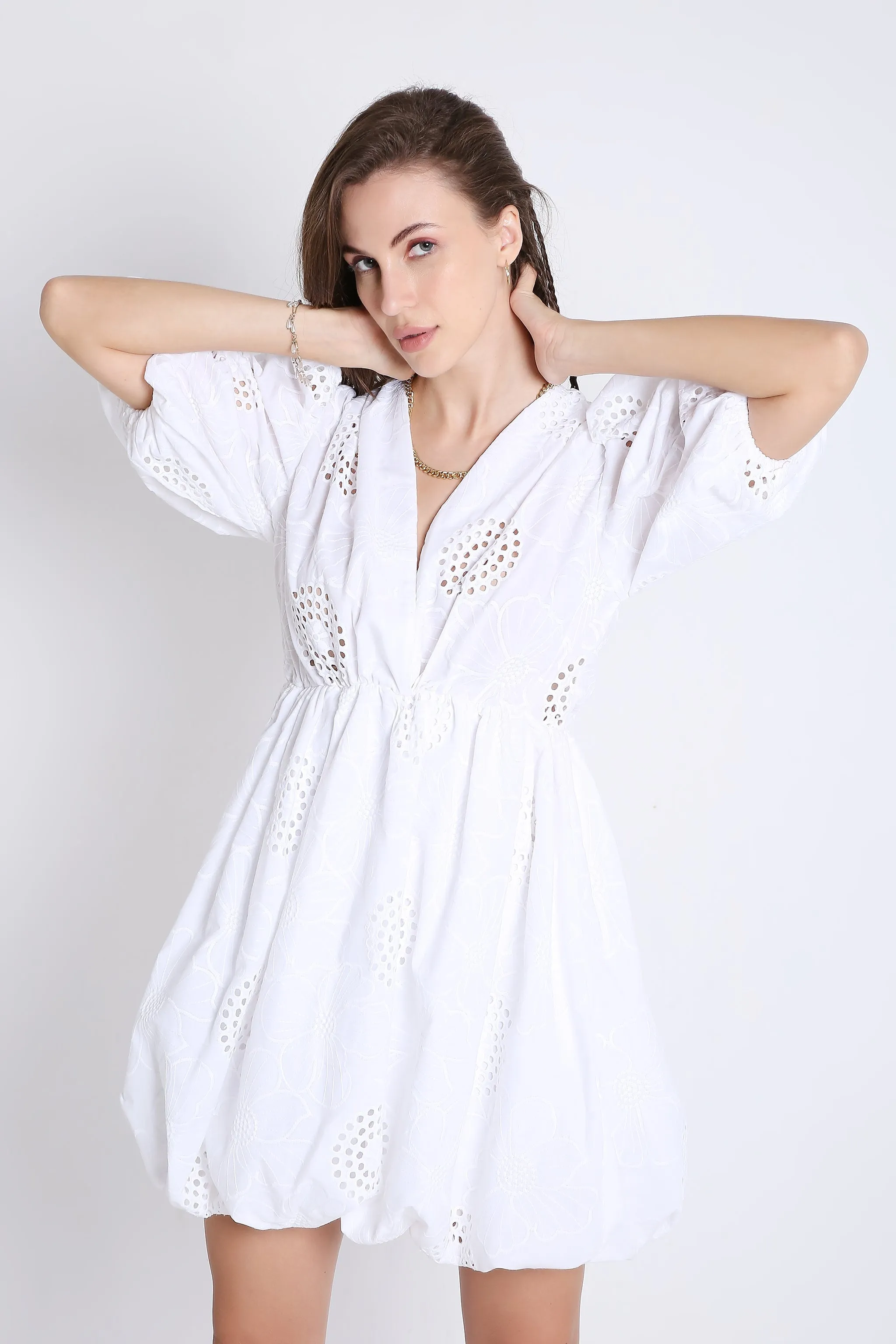Balloon Sleeve White Short Dress French Theory