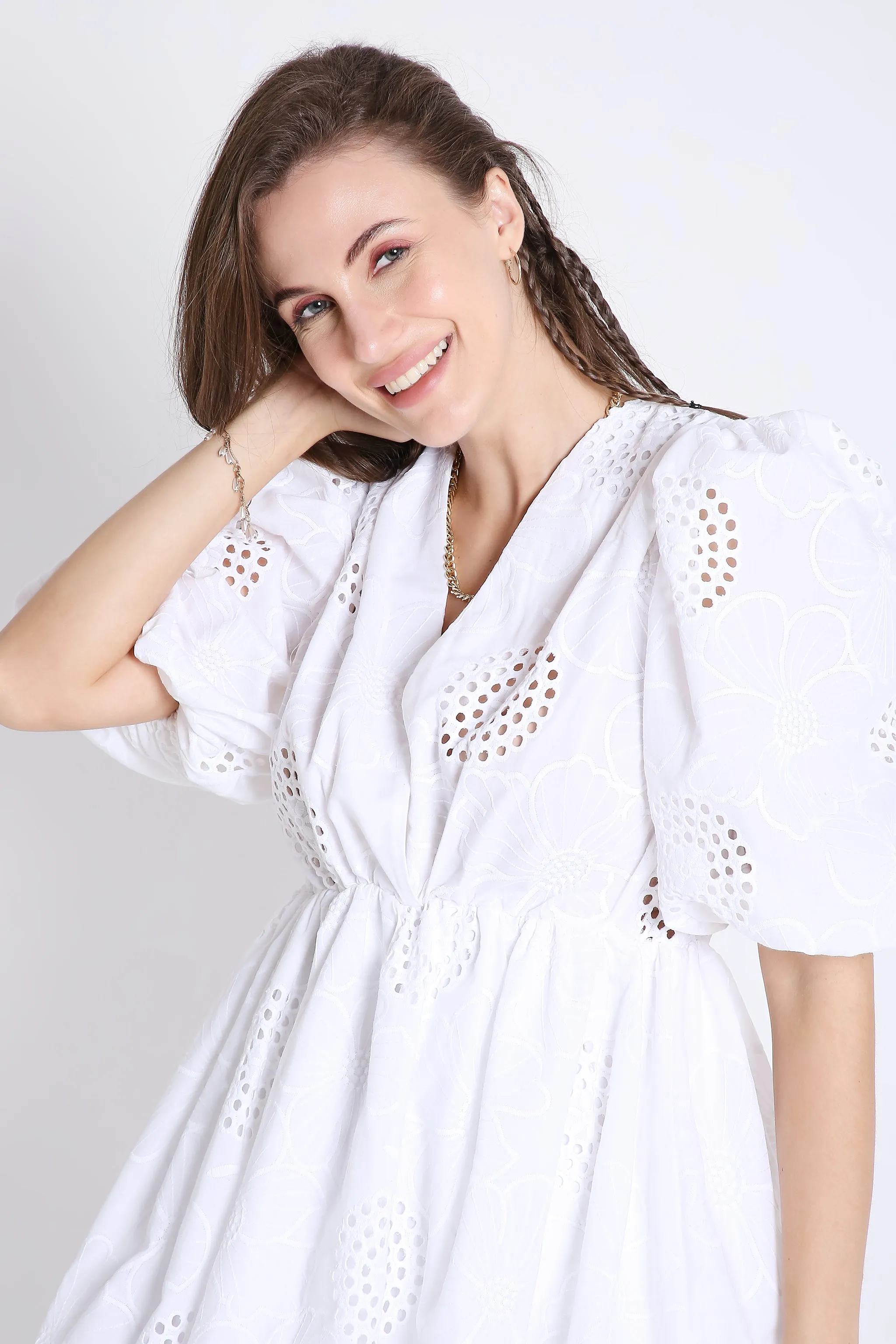 Balloon Sleeve White Short Dress French Theory