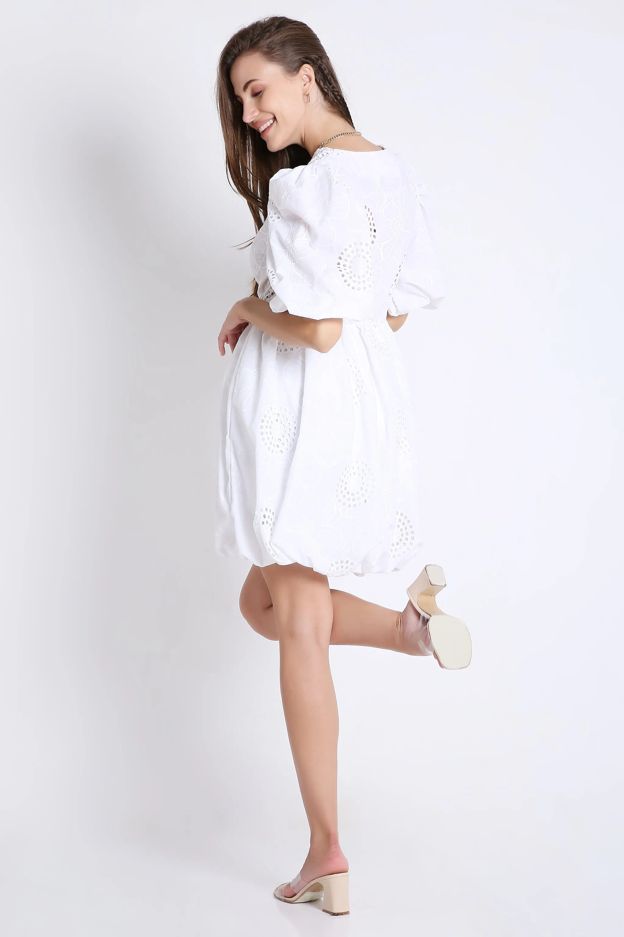 Balloon Sleeve White Short Dress French Theory