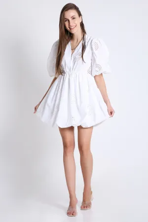 Balloon Sleeve White Short Dress French Theory