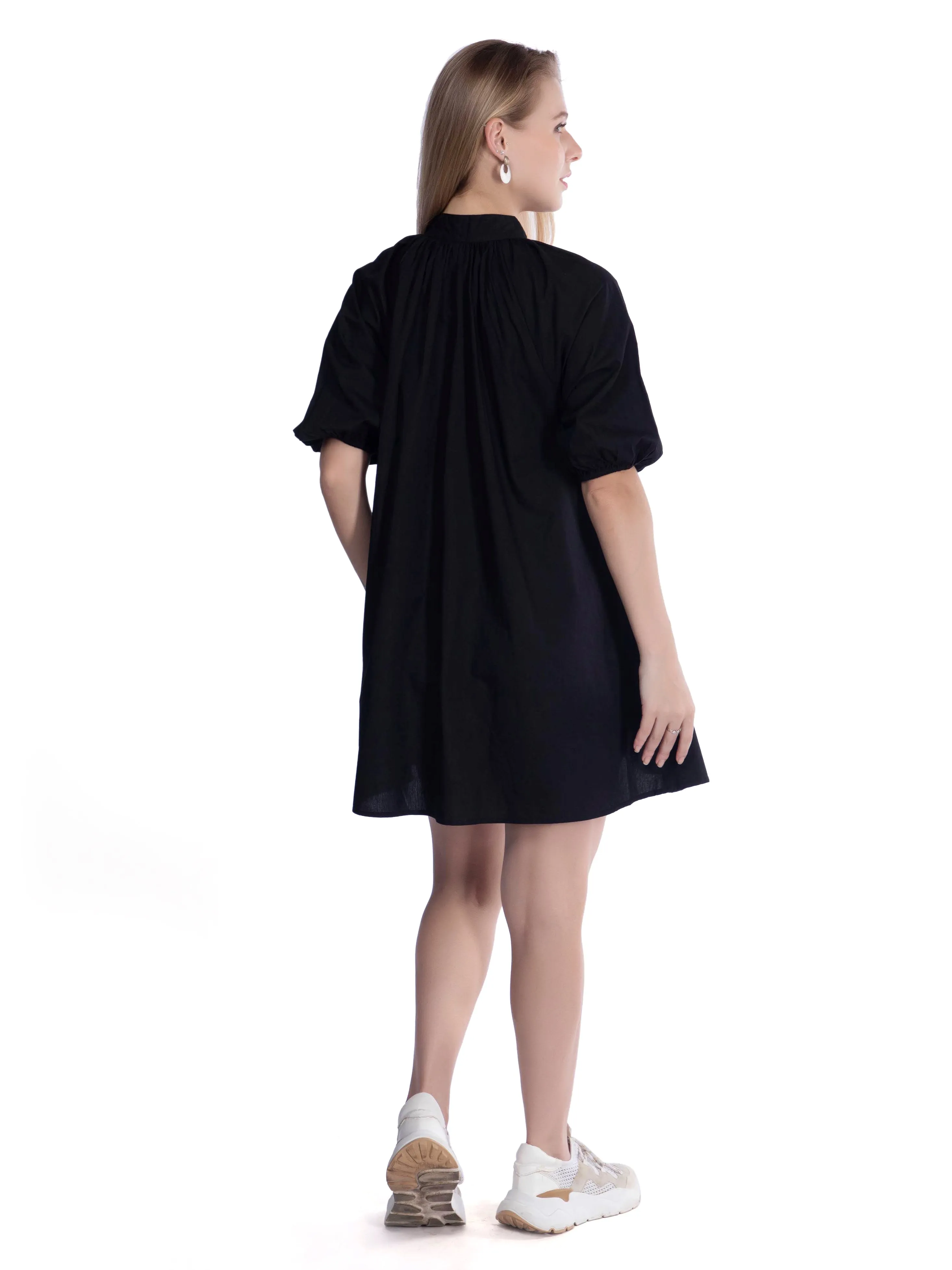 Black Embroidered A Line Dress With Sleeves French Theory