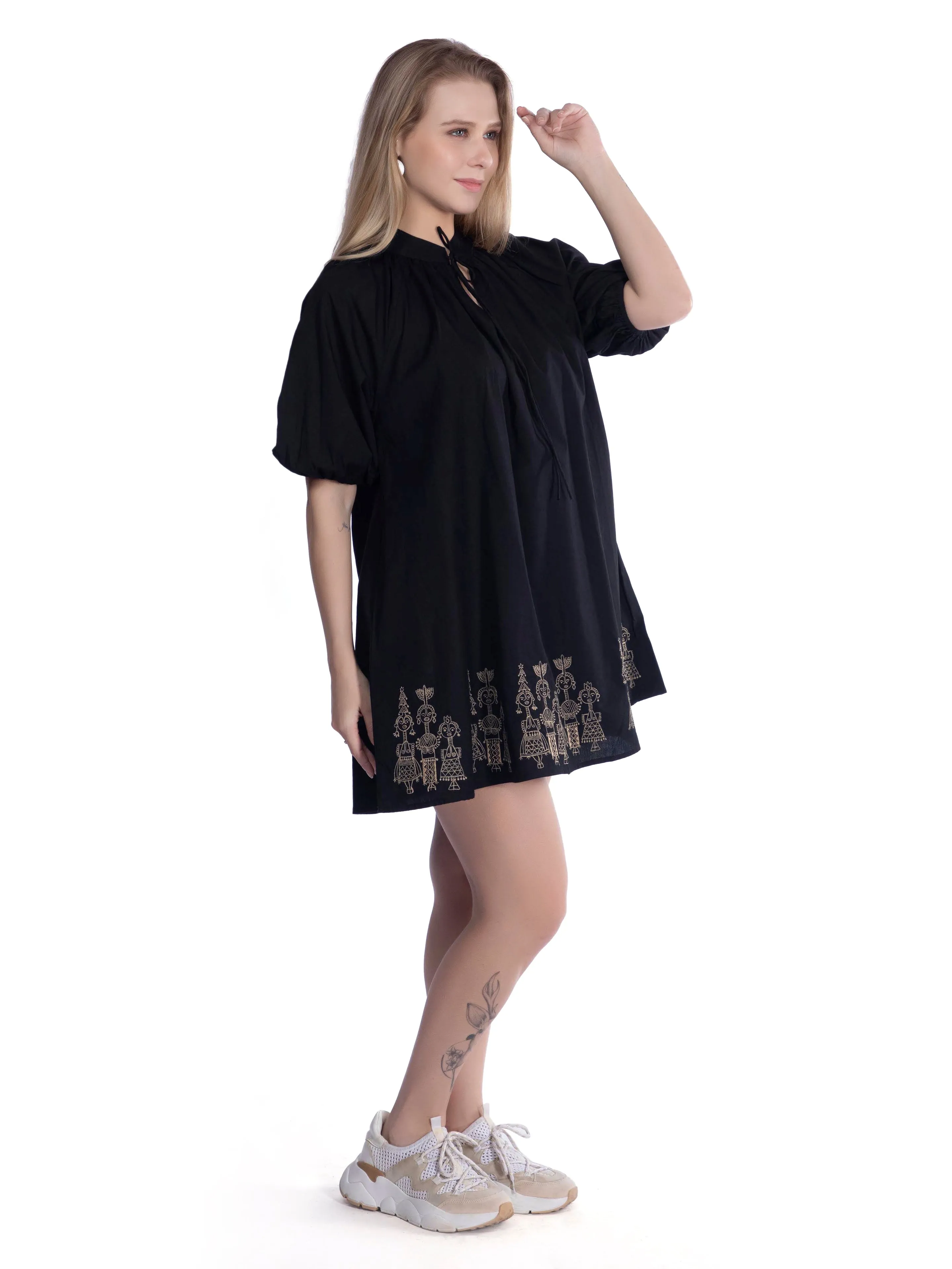 Black Embroidered A Line Dress With Sleeves French Theory