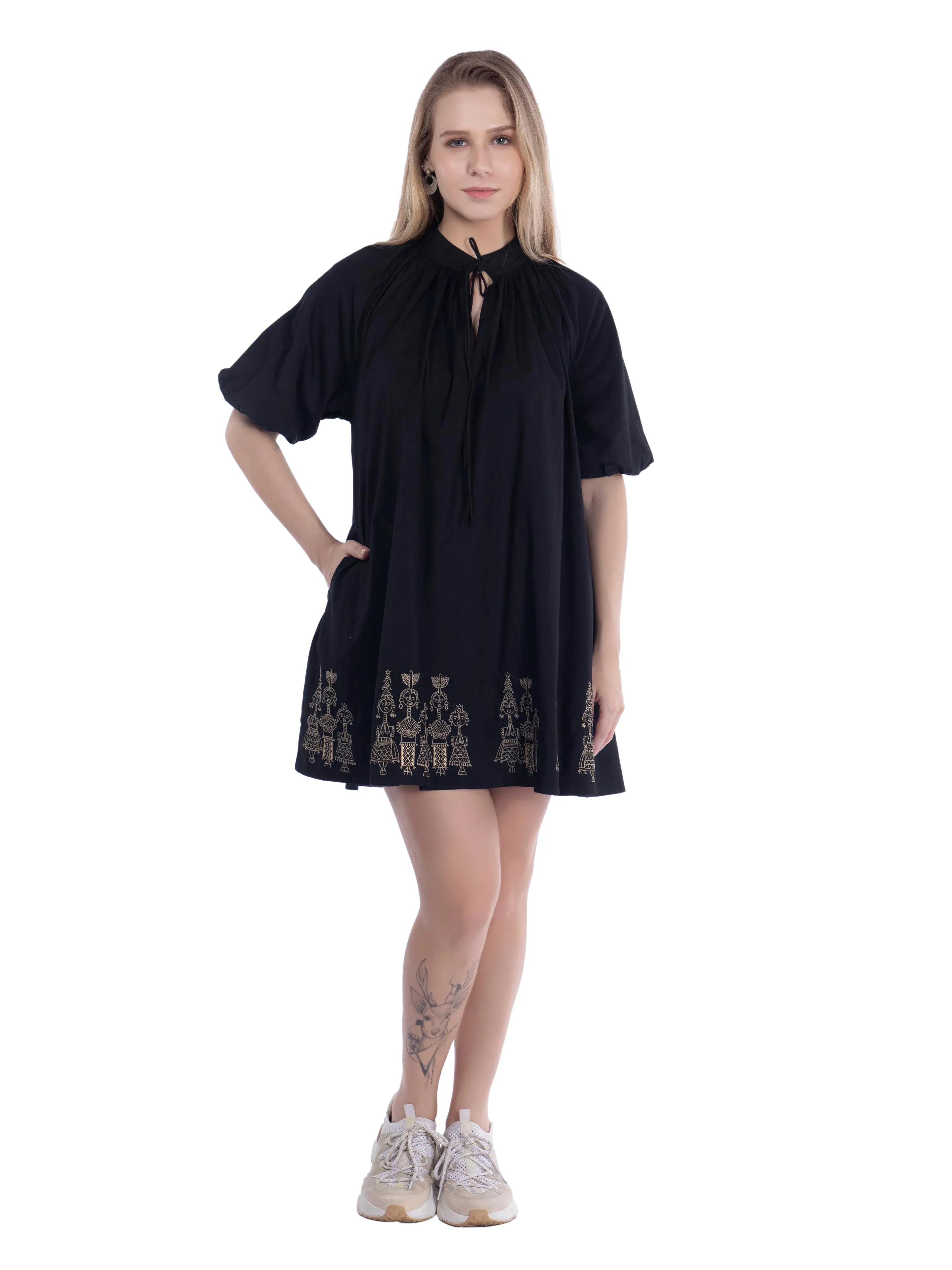 Black Embroidered A Line Dress With Sleeves French Theory