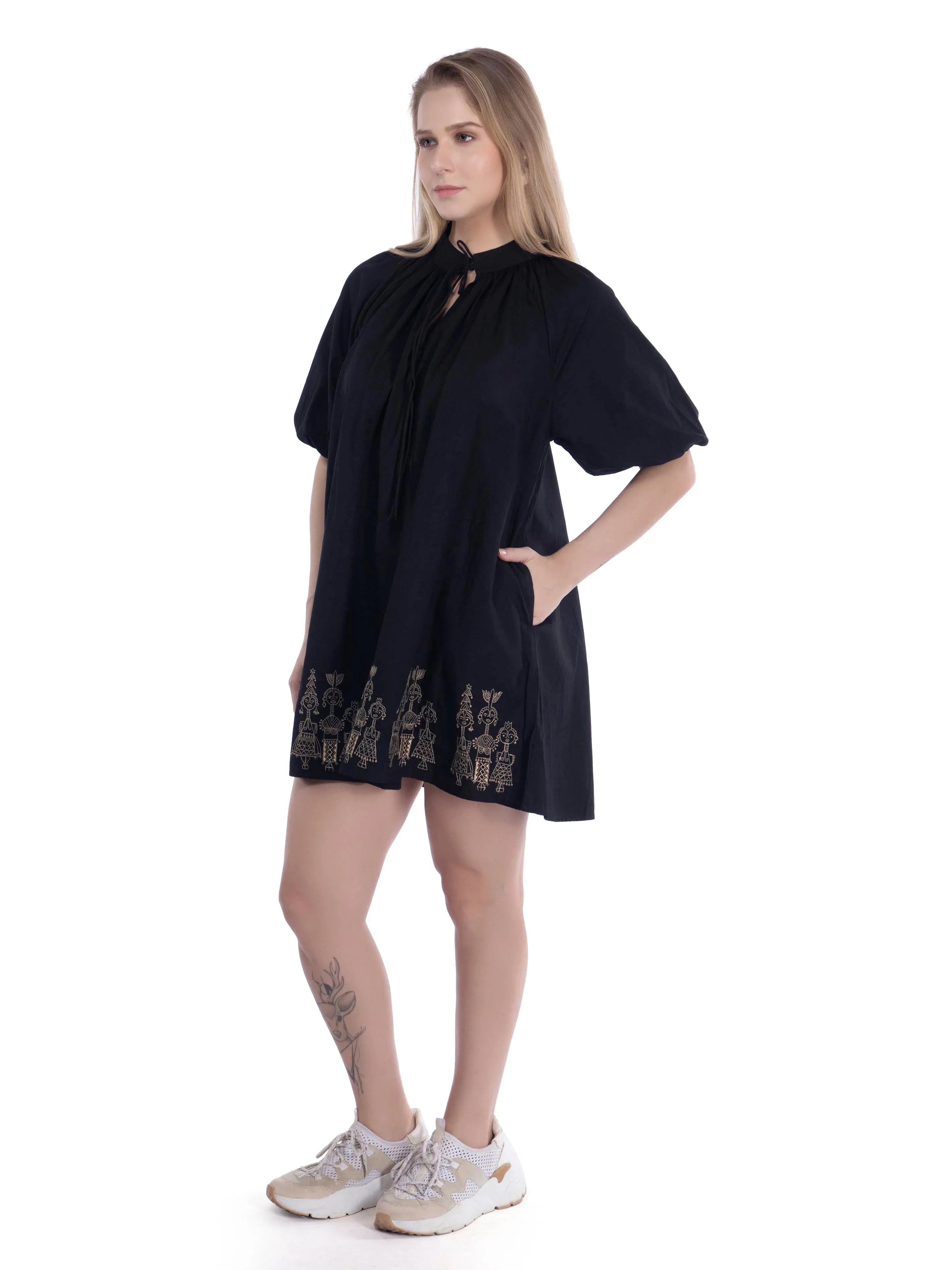 Black Embroidered A Line Dress With Sleeves French Theory