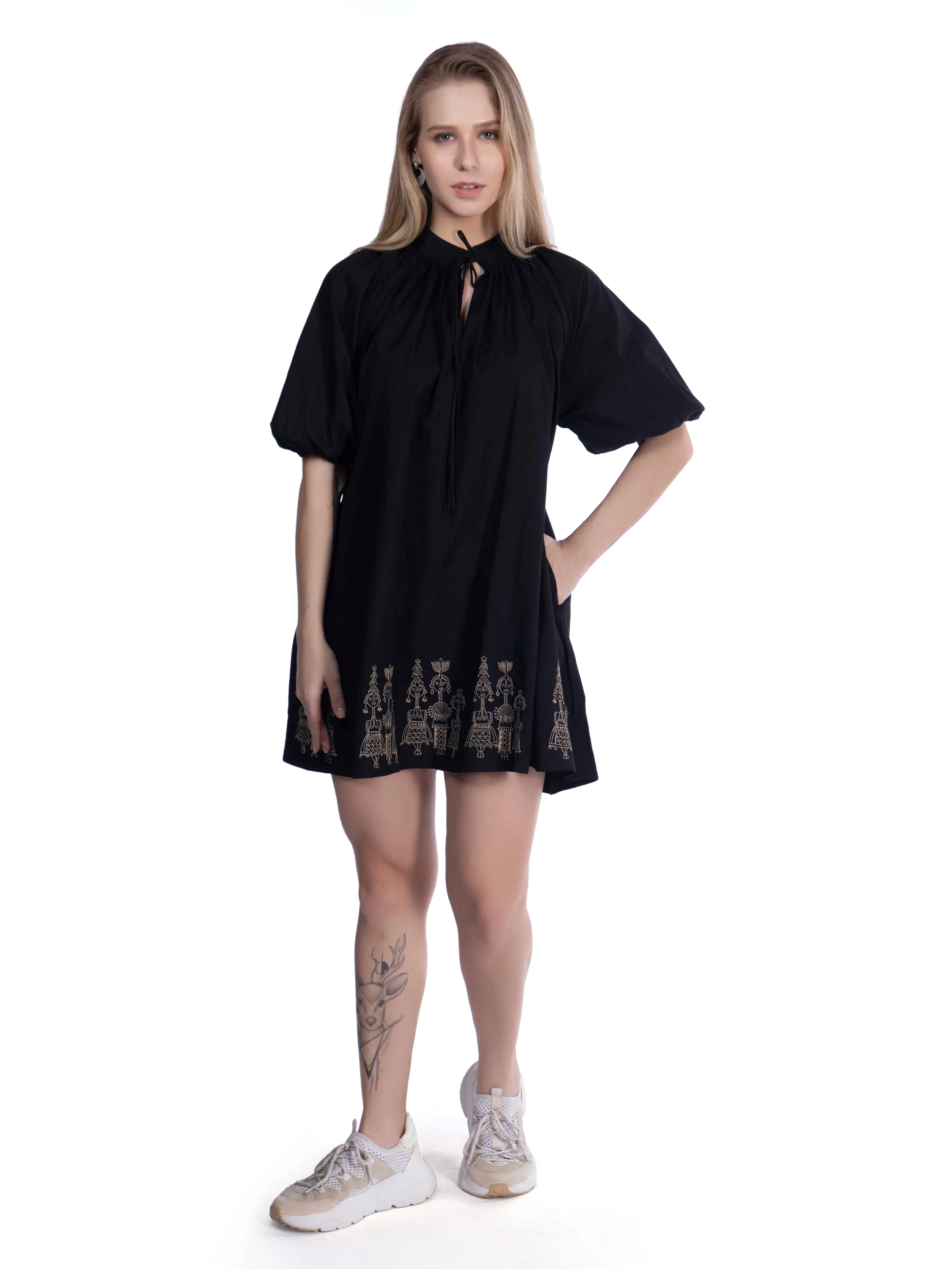 Black Embroidered A Line Dress With Sleeves French Theory