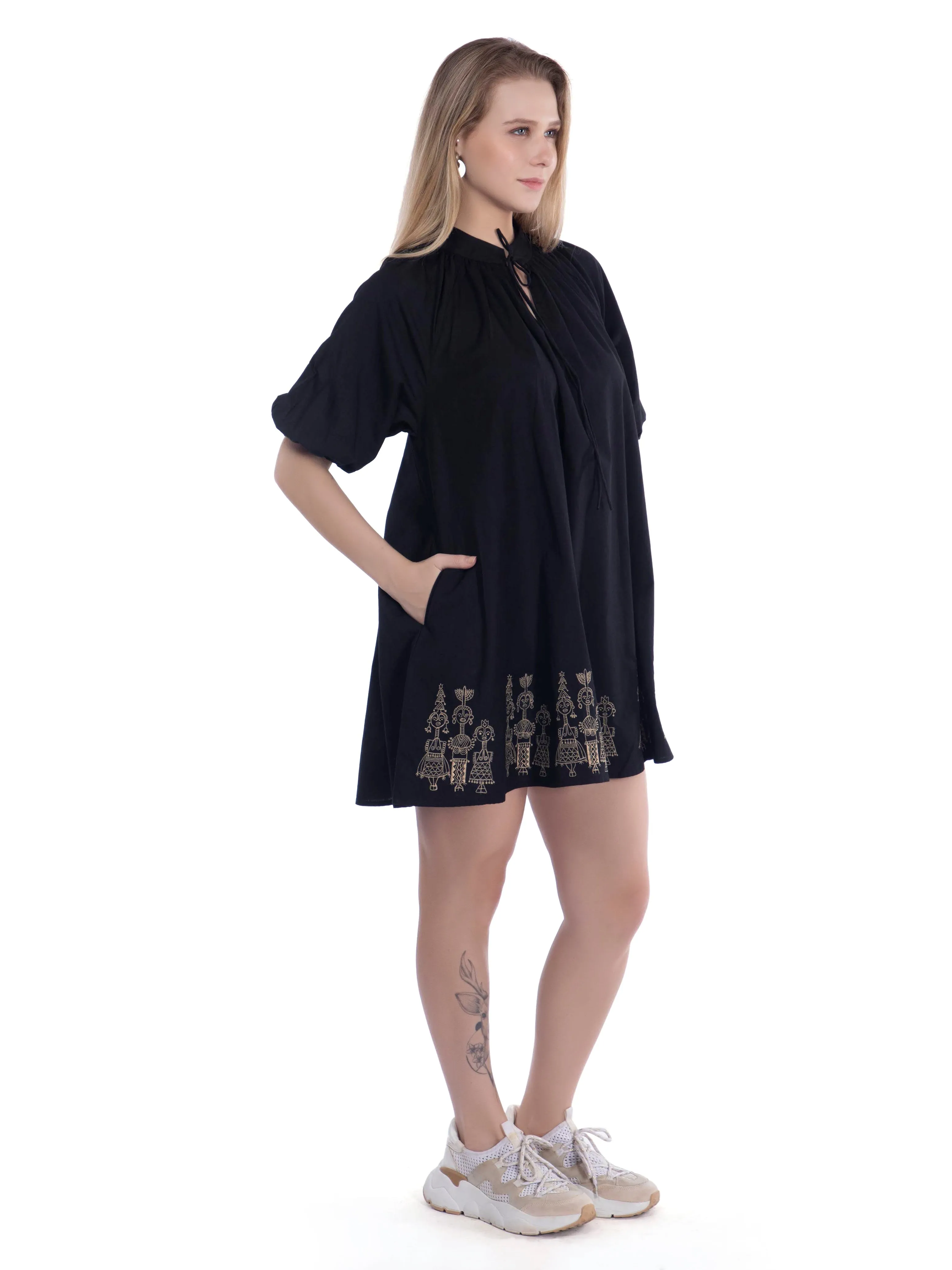Black Embroidered A Line Dress With Sleeves French Theory