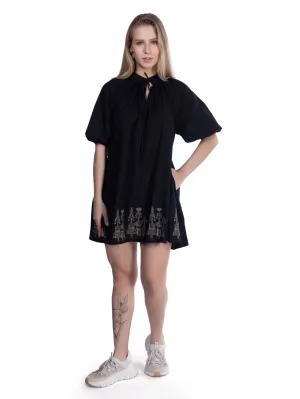 Black Embroidered A Line Dress With Sleeves French Theory