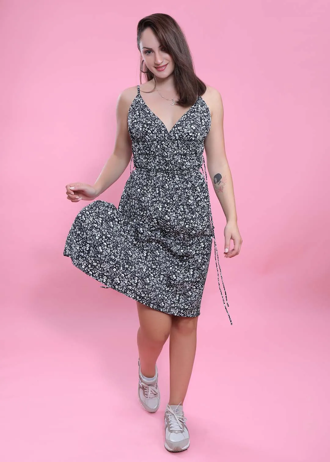 Black Georgette Fit & Flare Floral Summer Dress French Theory