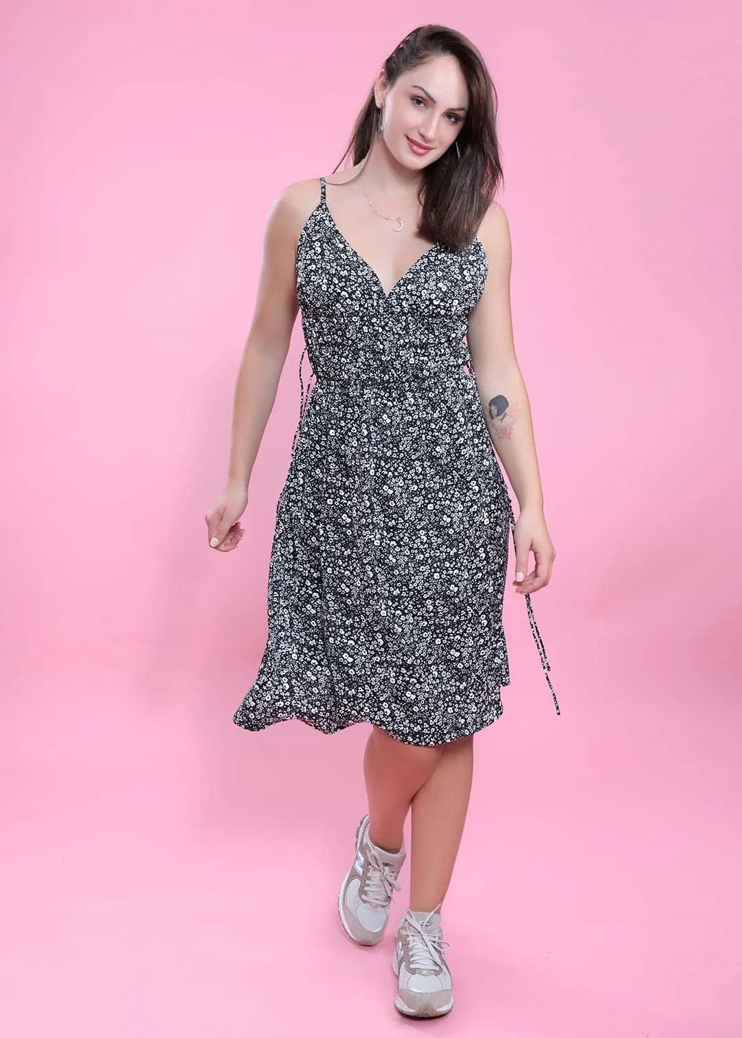 Black Georgette Fit & Flare Floral Summer Dress French Theory