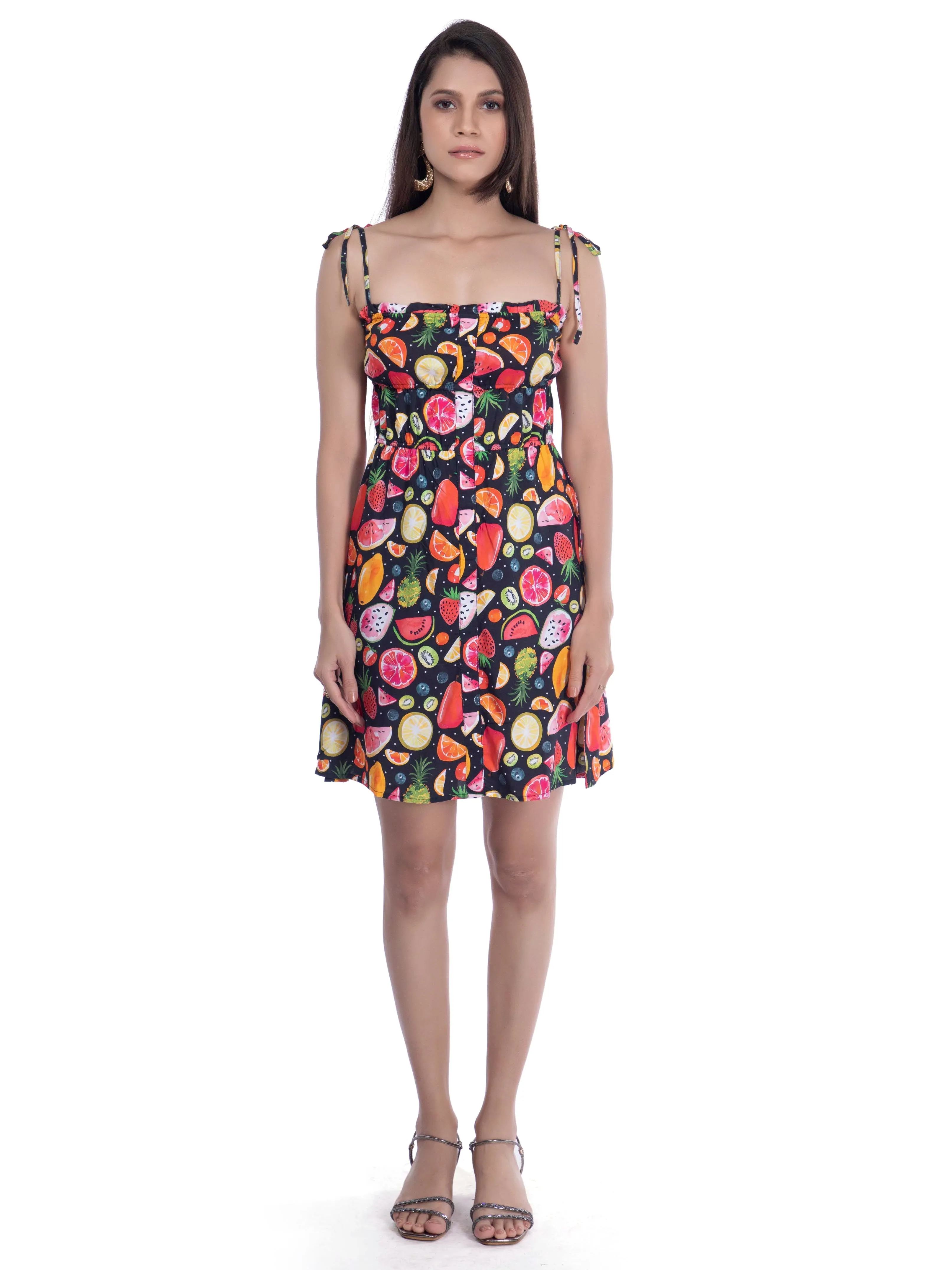 Black Printed Short & Flowy Black Dress French Theory