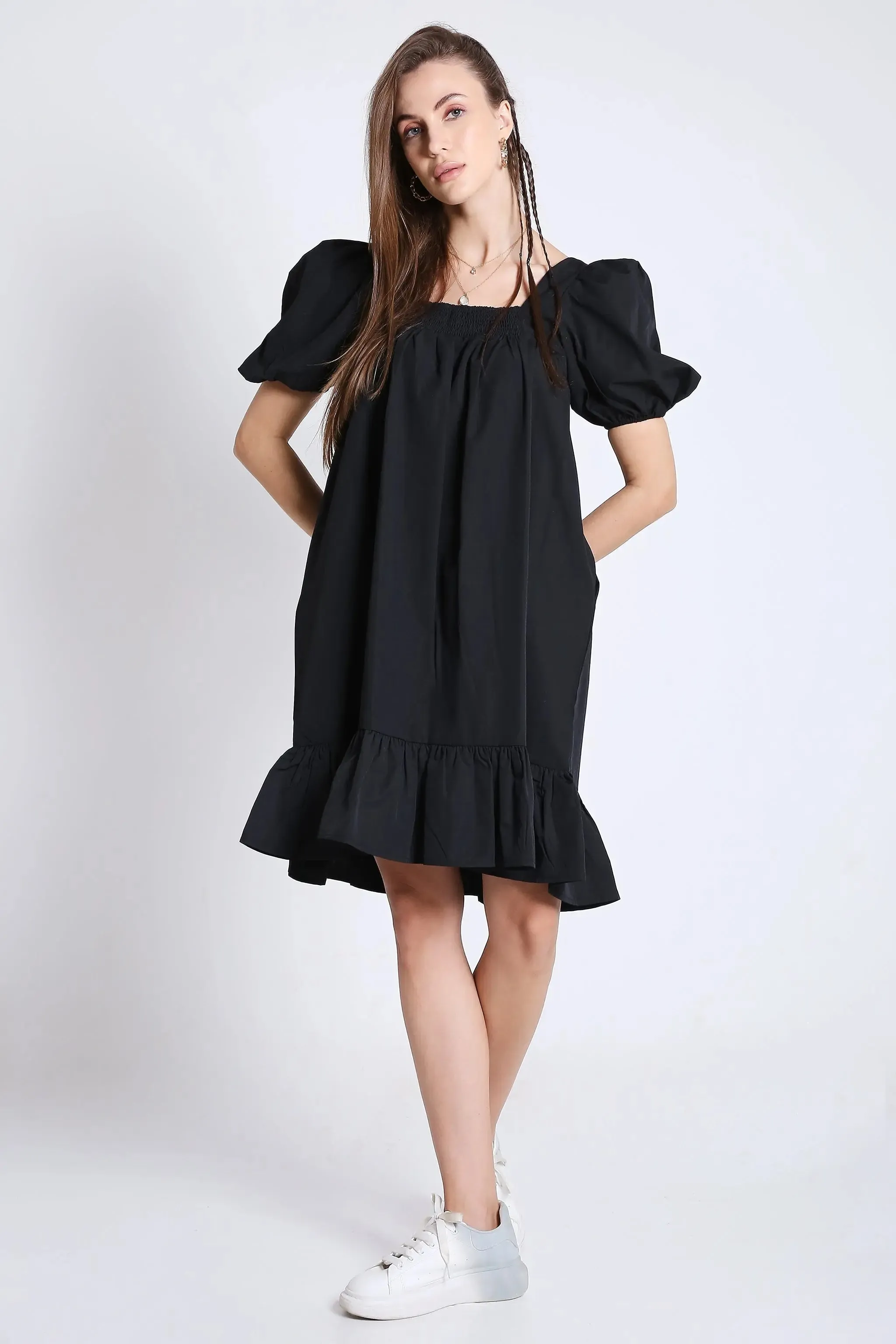 Black Short Dress with Balloon Short Sleeve French Theory
