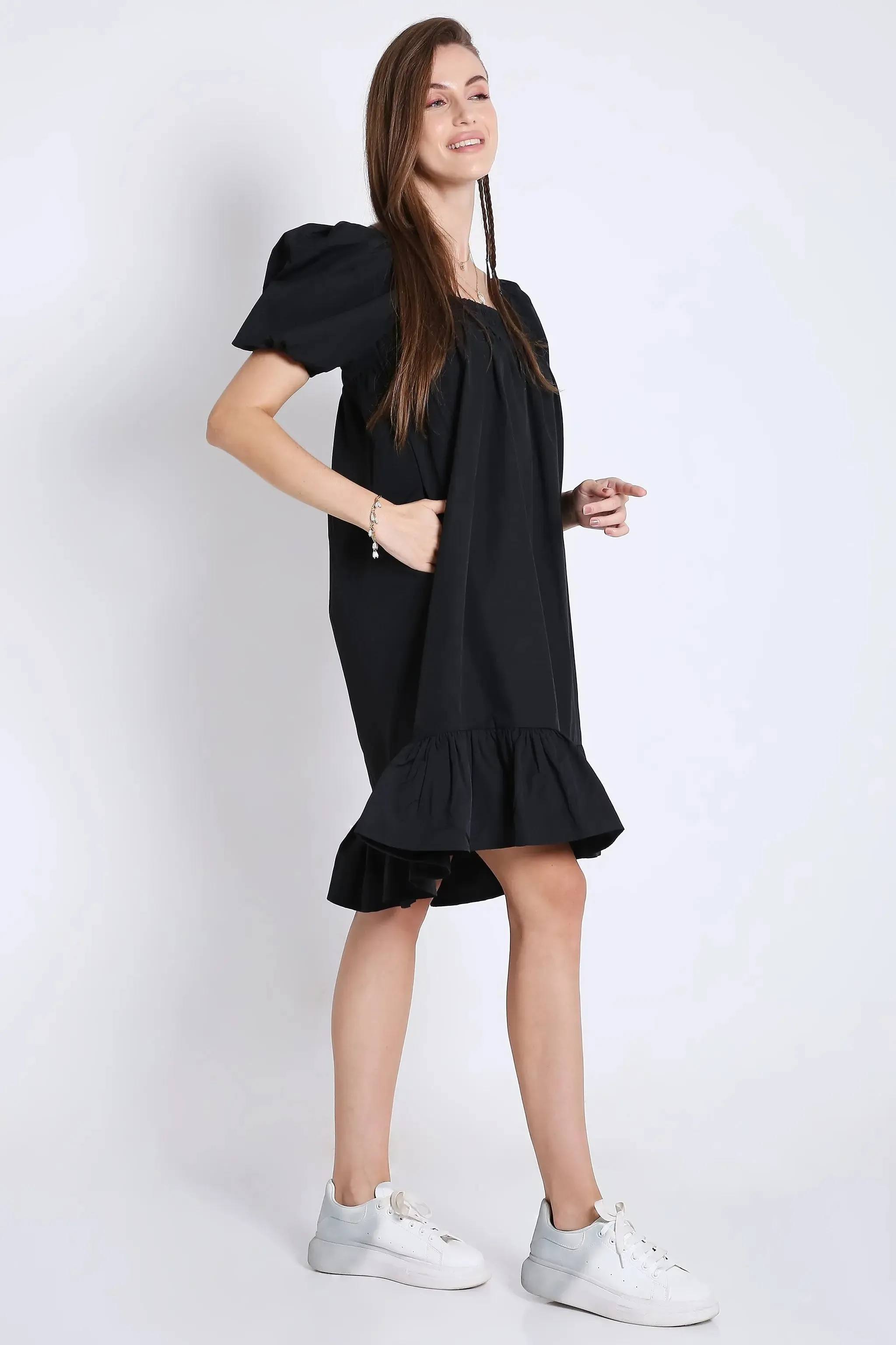 Black Short Dress with Balloon Short Sleeve French Theory