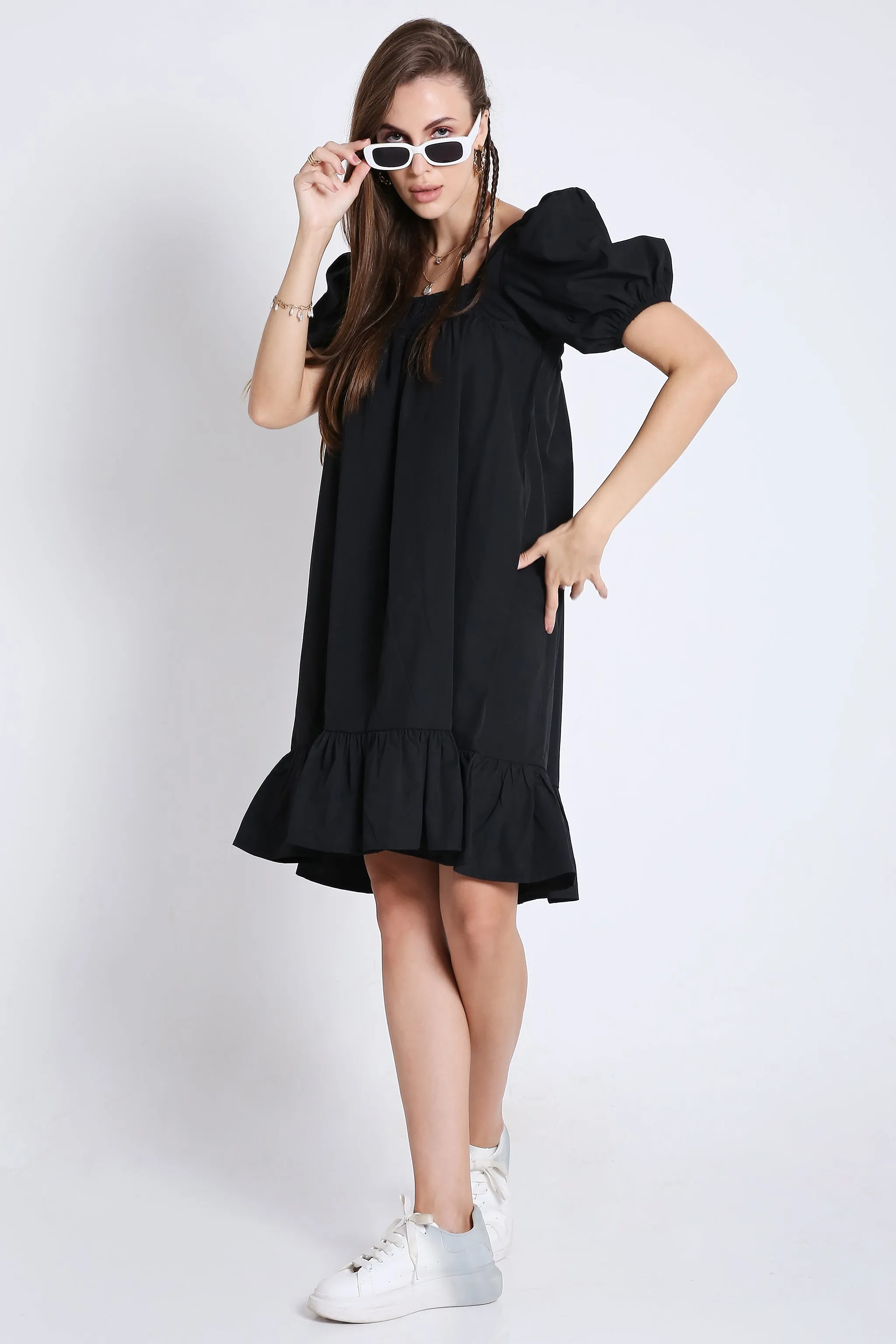 Black Short Dress with Balloon Short Sleeve French Theory