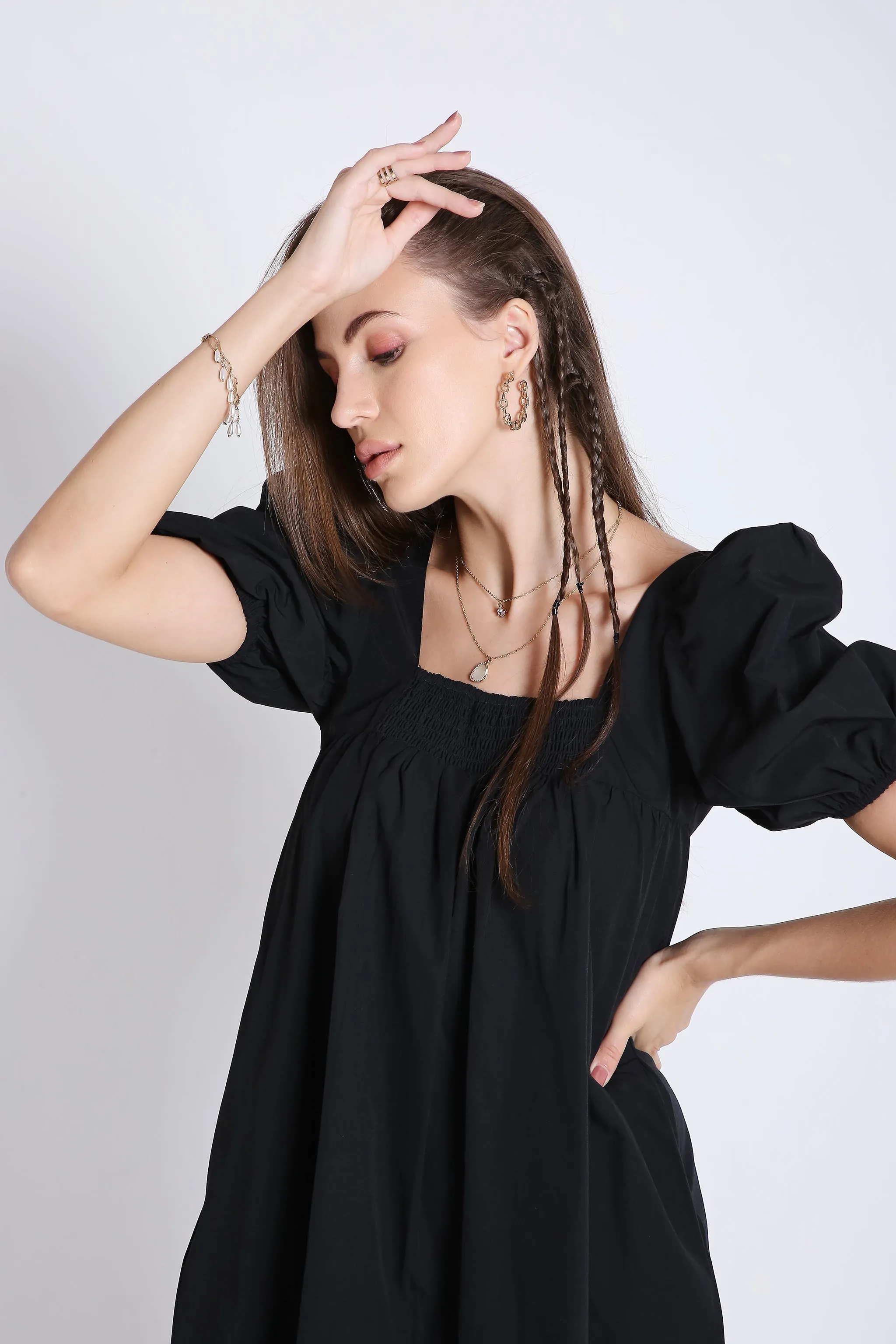 Black Short Dress with Balloon Short Sleeve French Theory