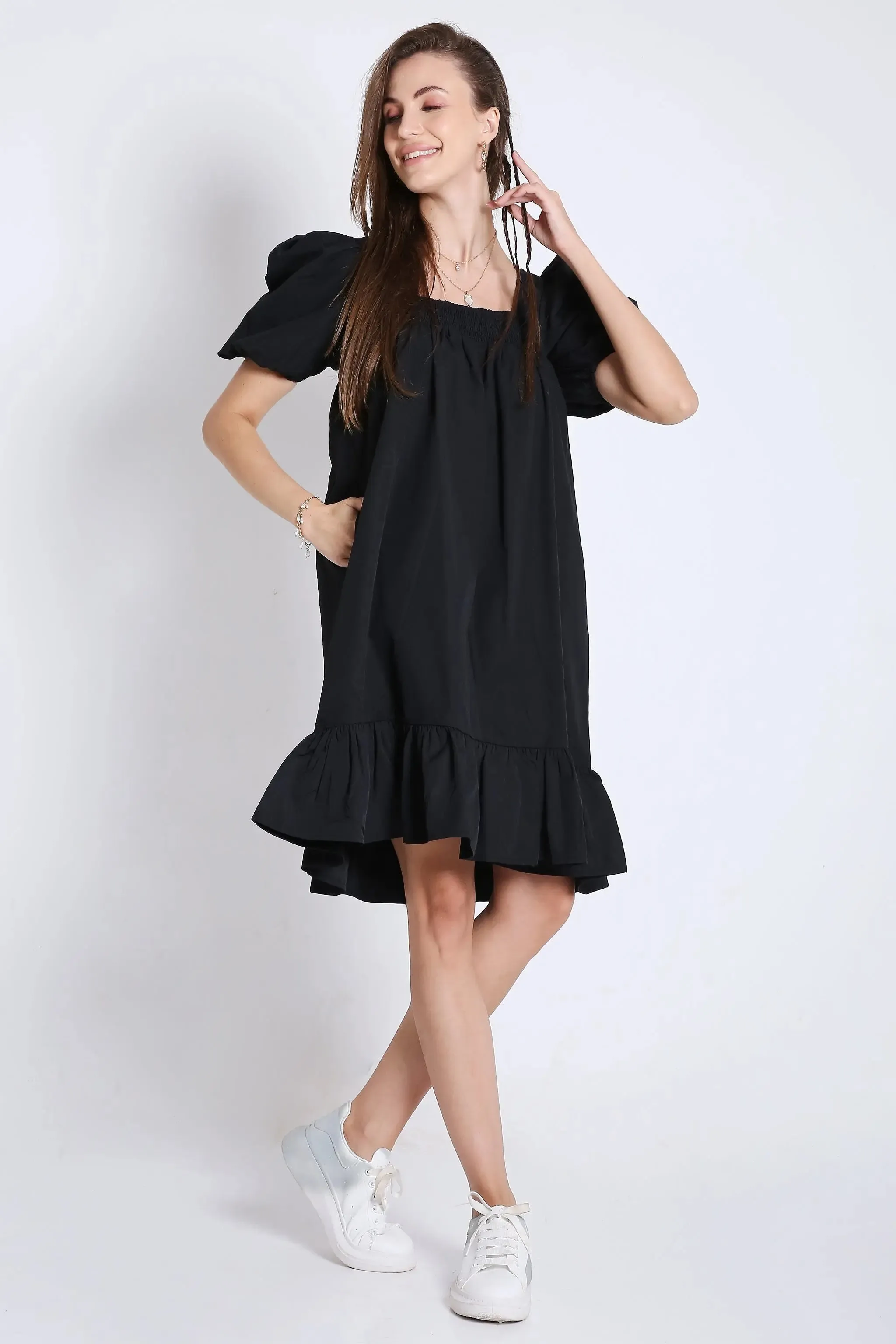 Black Short Dress with Balloon Short Sleeve French Theory