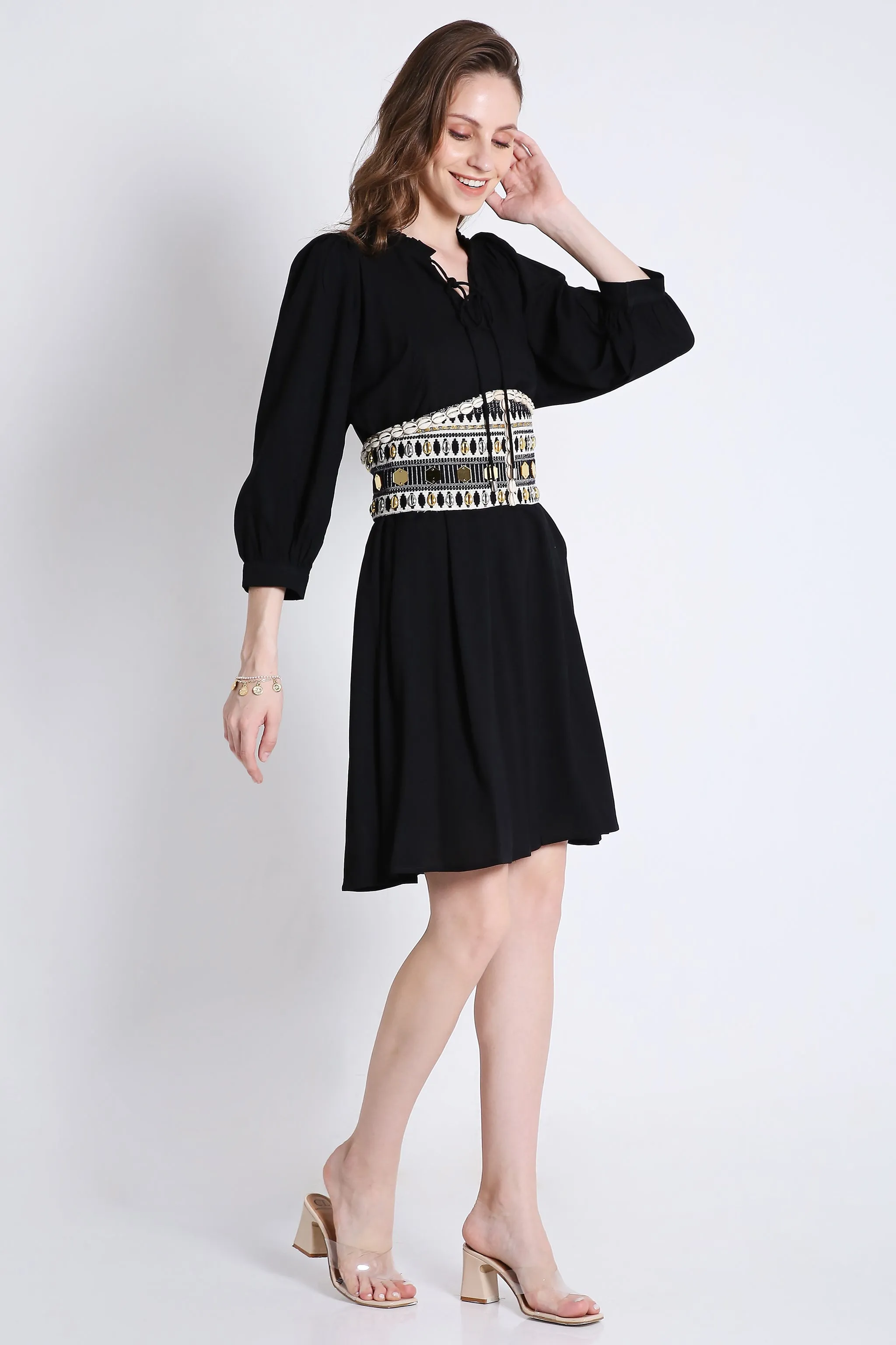 Black Short Dress with Batwing Sleeve (Without Belt) French Theory