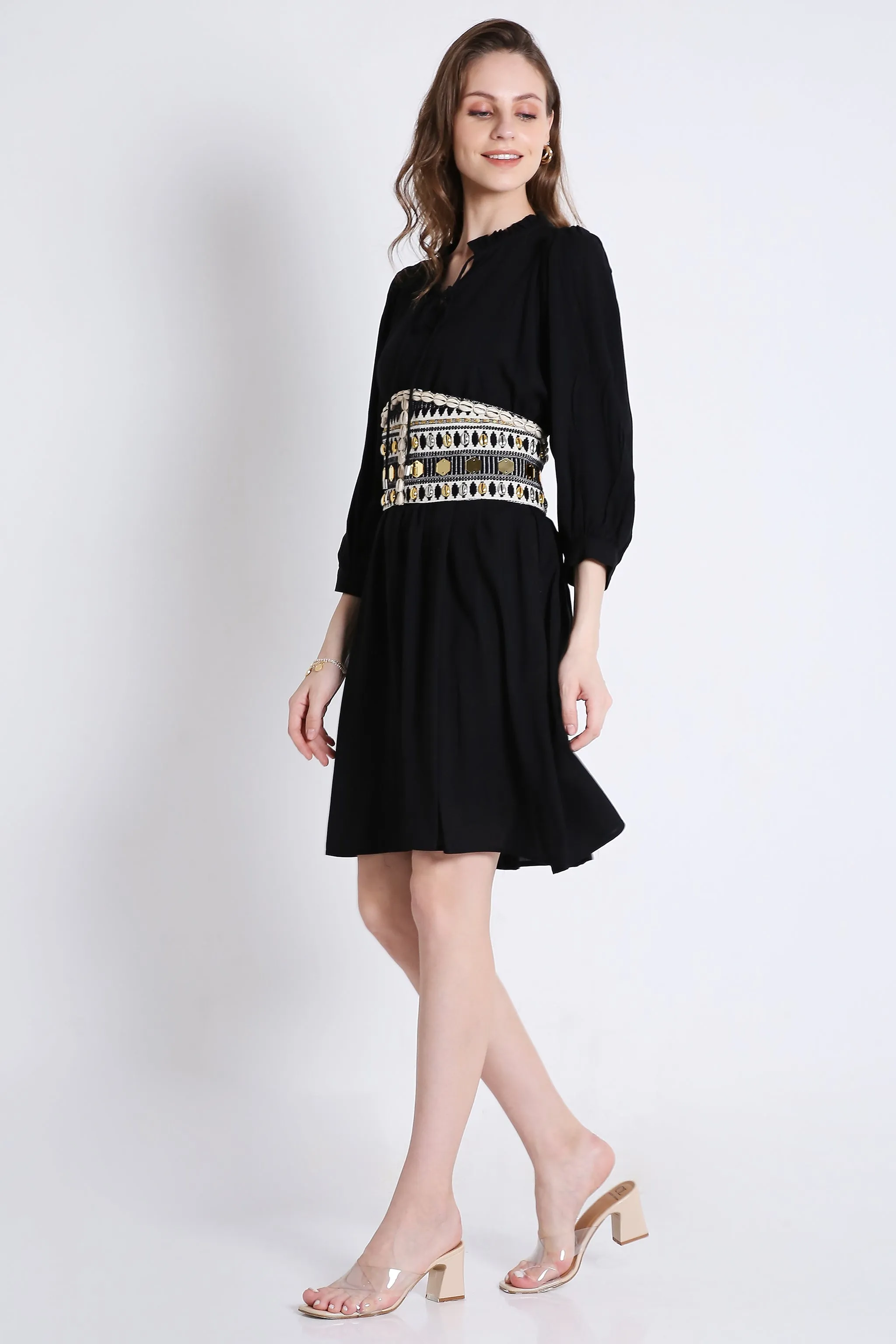 Black Short Dress with Batwing Sleeve (Without Belt) French Theory
