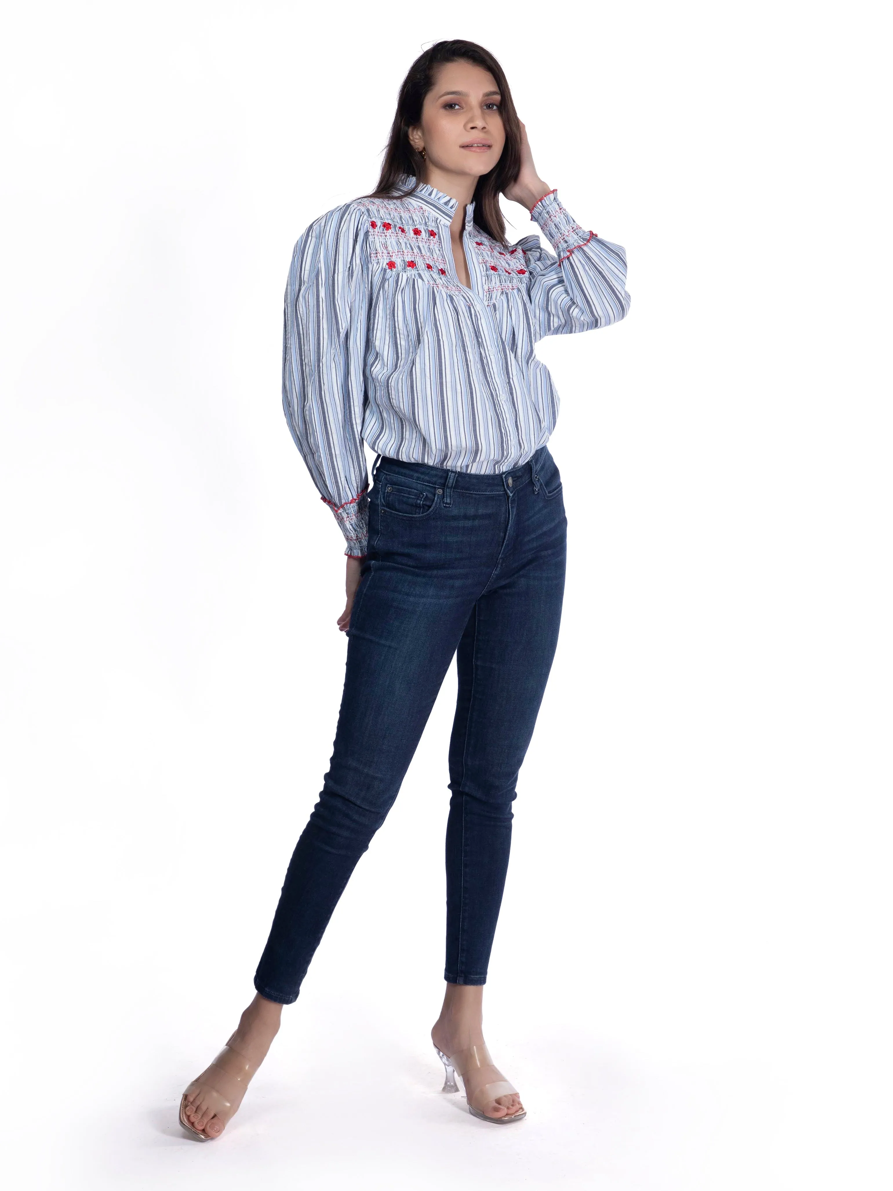 Blue & White Embroidered Cotton Shirt French Theory