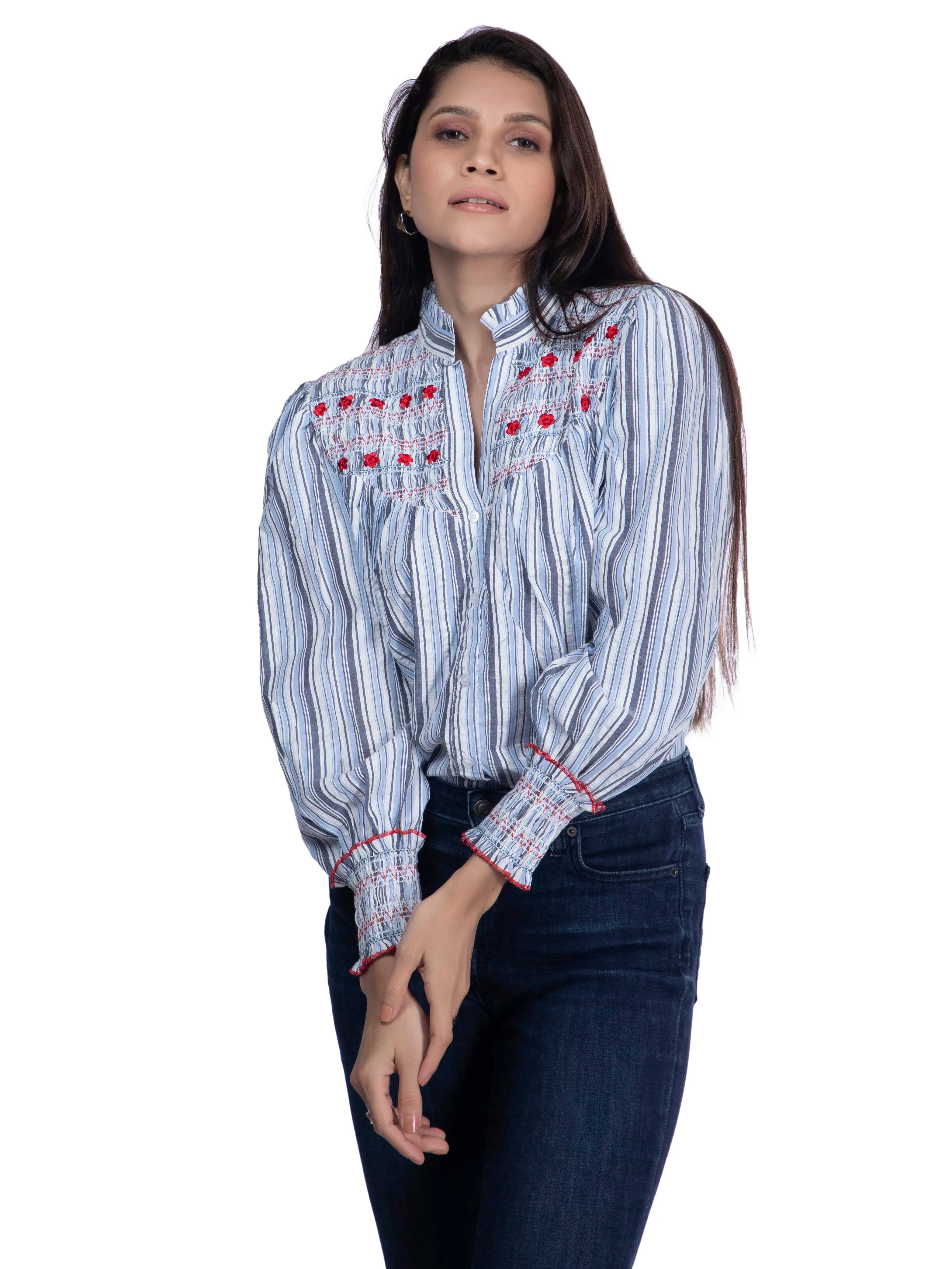 Blue & White Embroidered Cotton Shirt French Theory