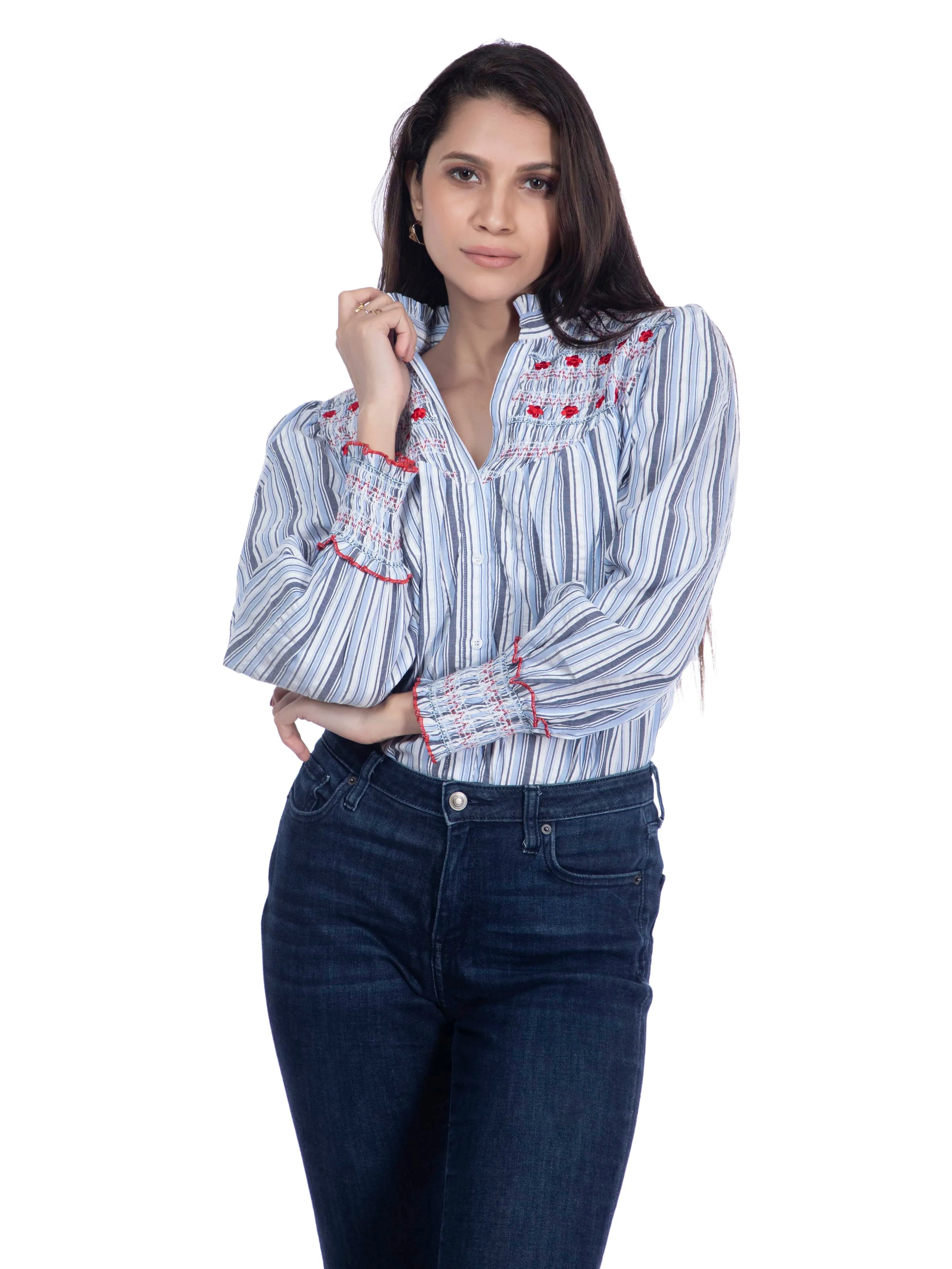 Blue & White Embroidered Cotton Shirt French Theory