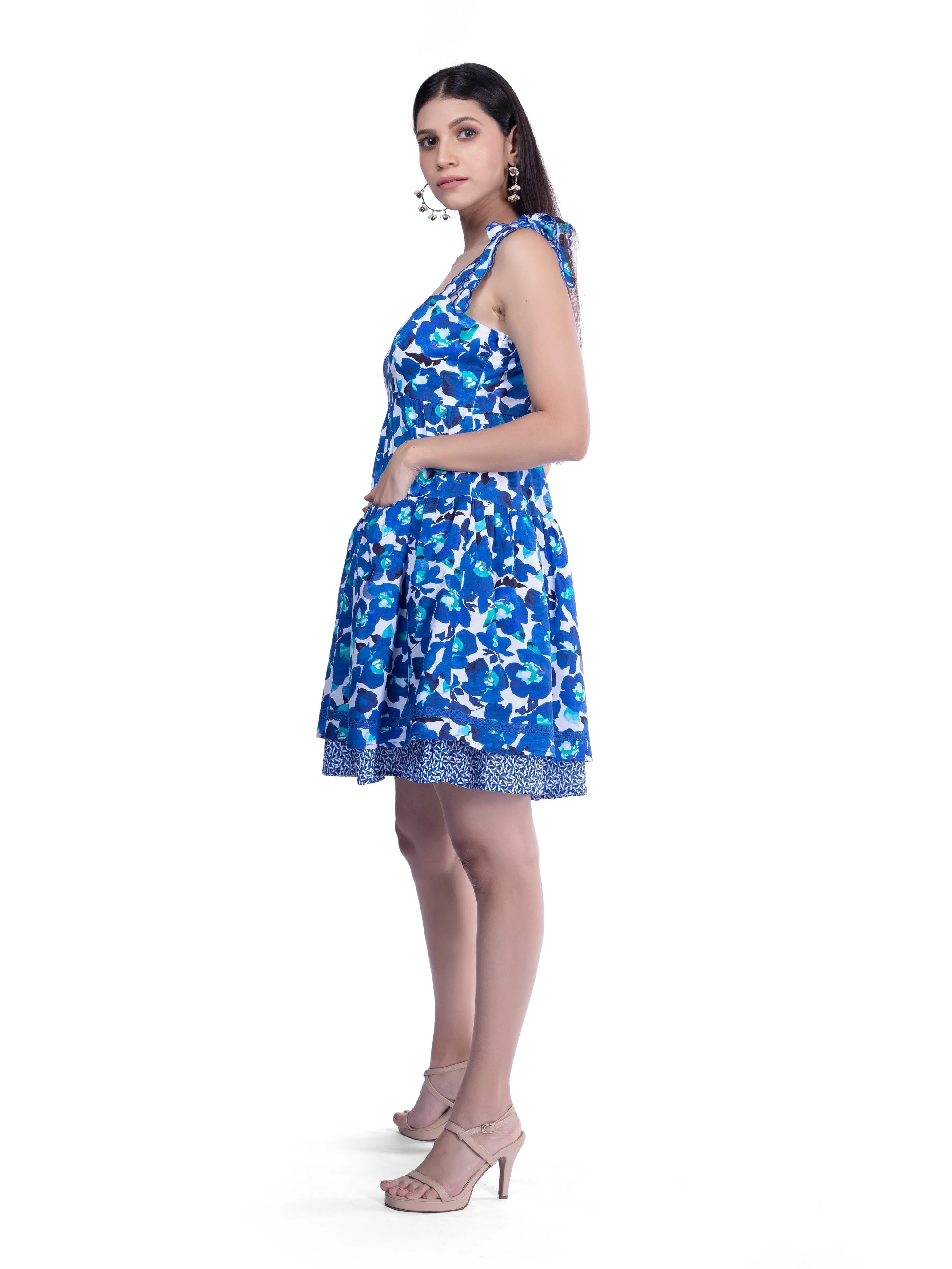 Blue & White Embroidered Strap Floral Dress French Theory