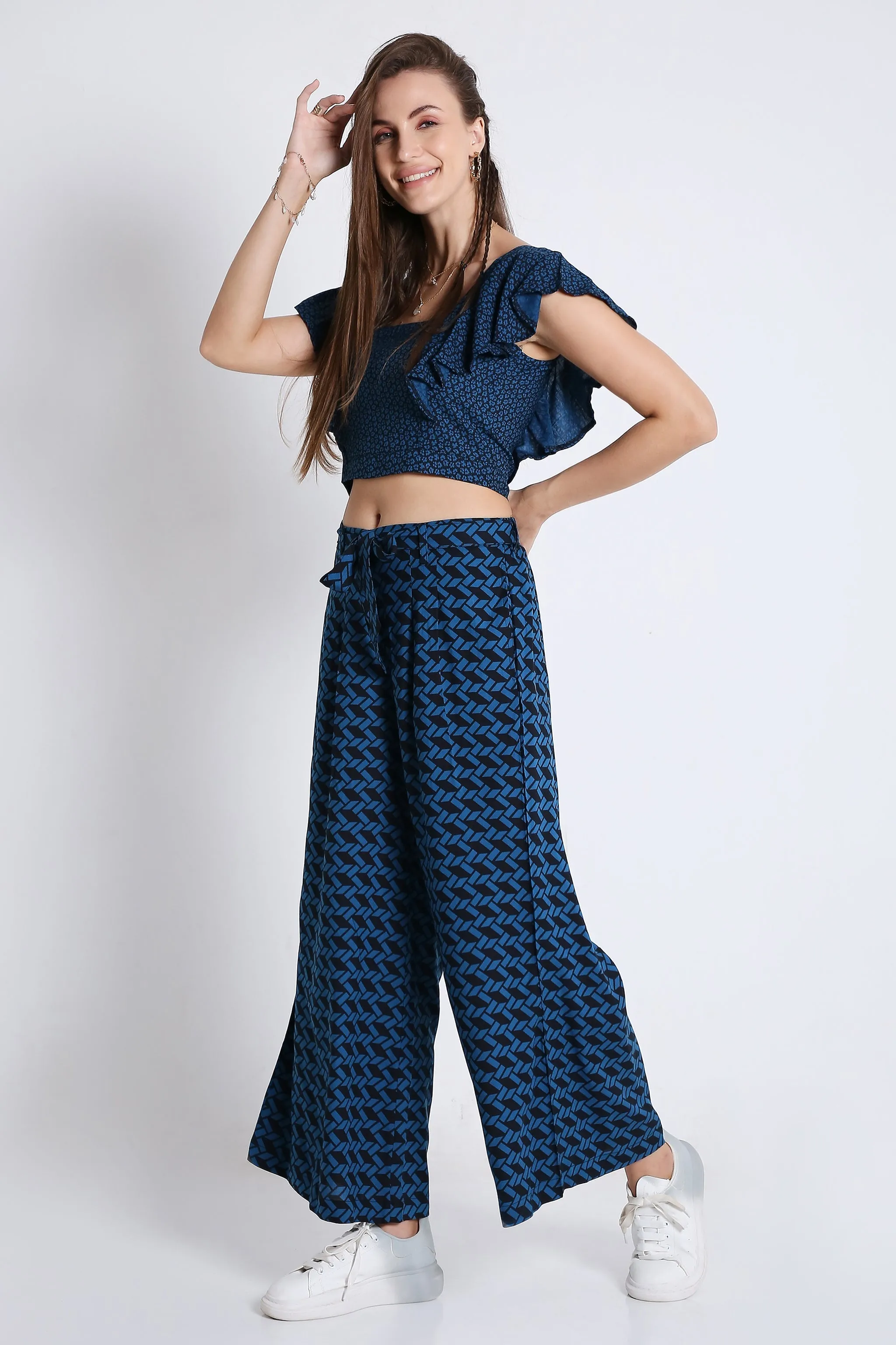 Blue Printed Flared Pants French Theory