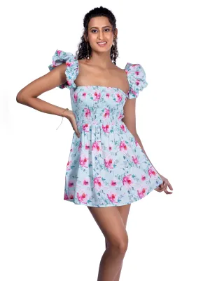 Blue Printed Puff Sleeve Mini Dress French Theory