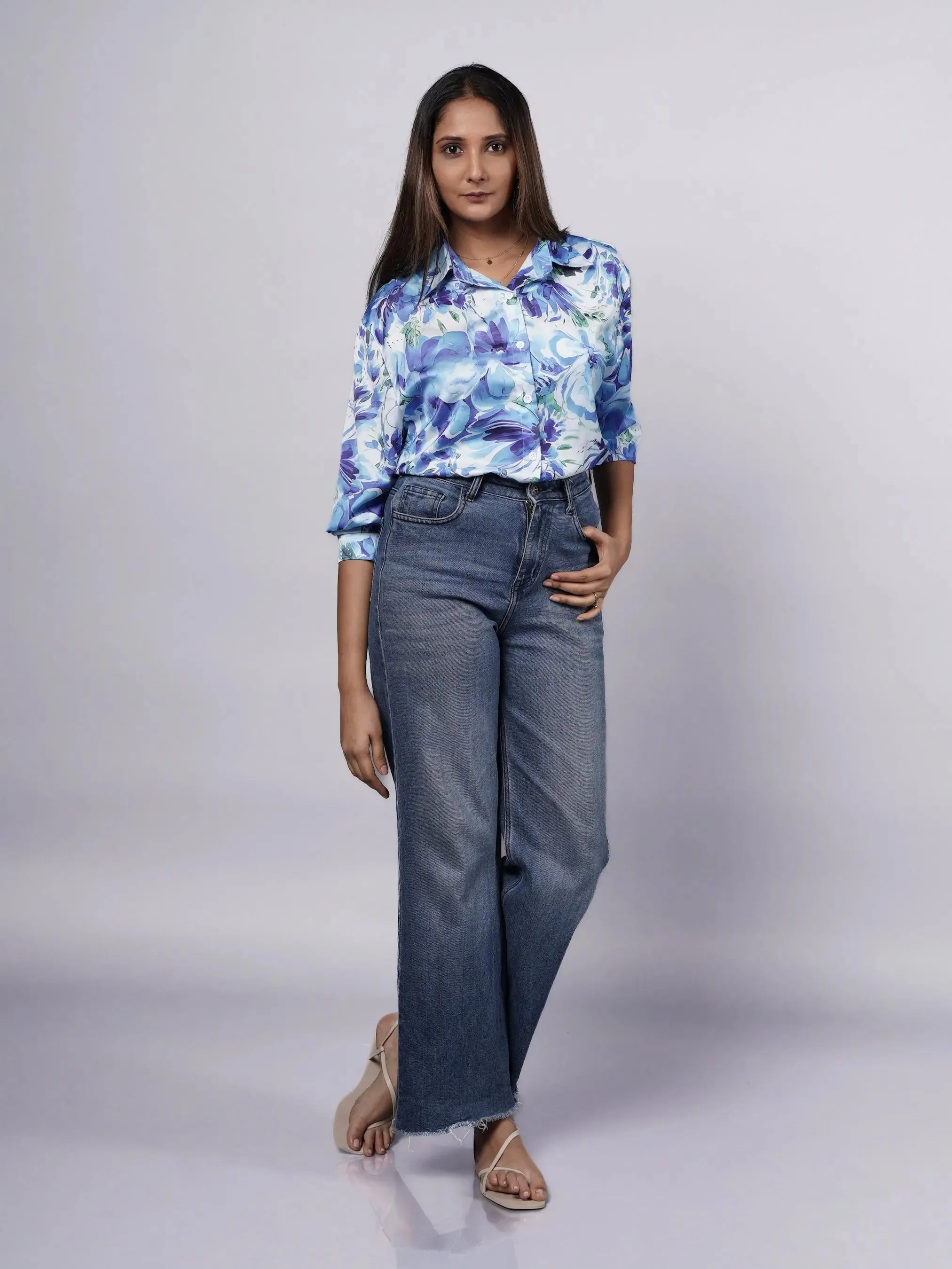 Bold Pattern Blue Oversized Satin Shirt French Theory