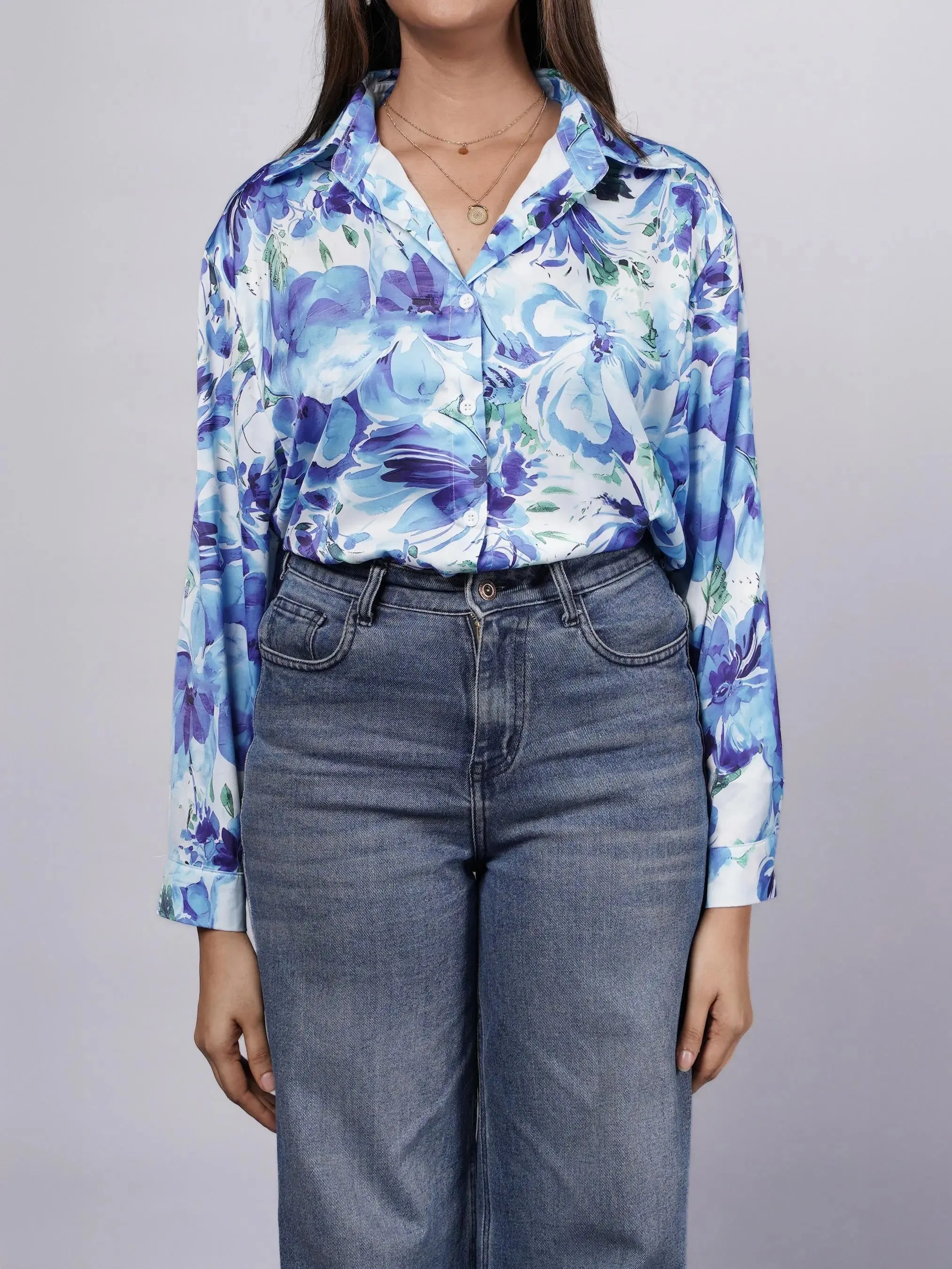 Bold Pattern Blue Oversized Satin Shirt French Theory