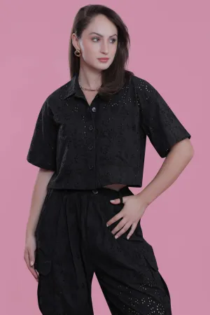 Boxy Fit Schiffli Short Sleeve Crop Shirt French Theory