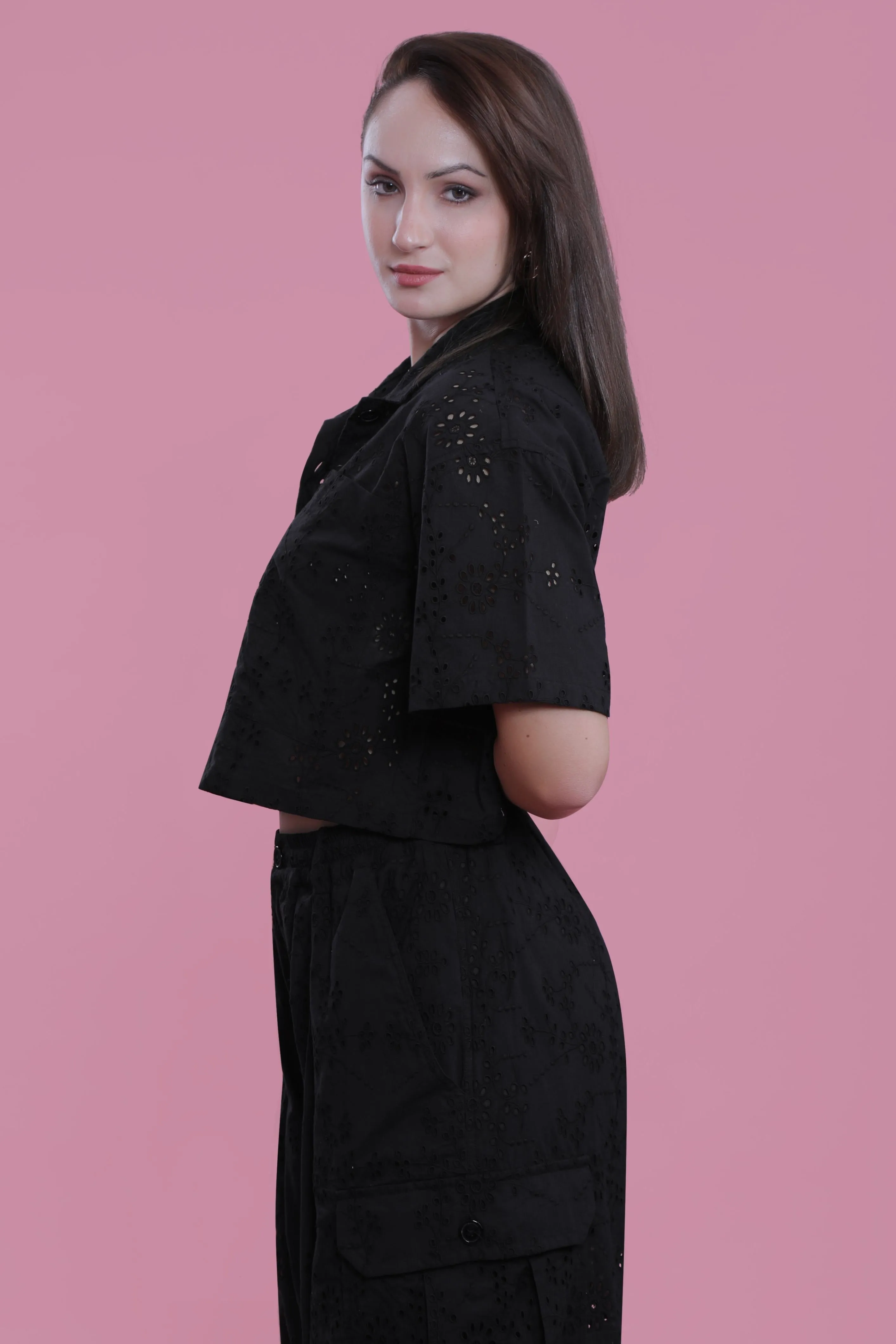 Boxy Fit Schiffli Short Sleeve Crop Shirt French Theory