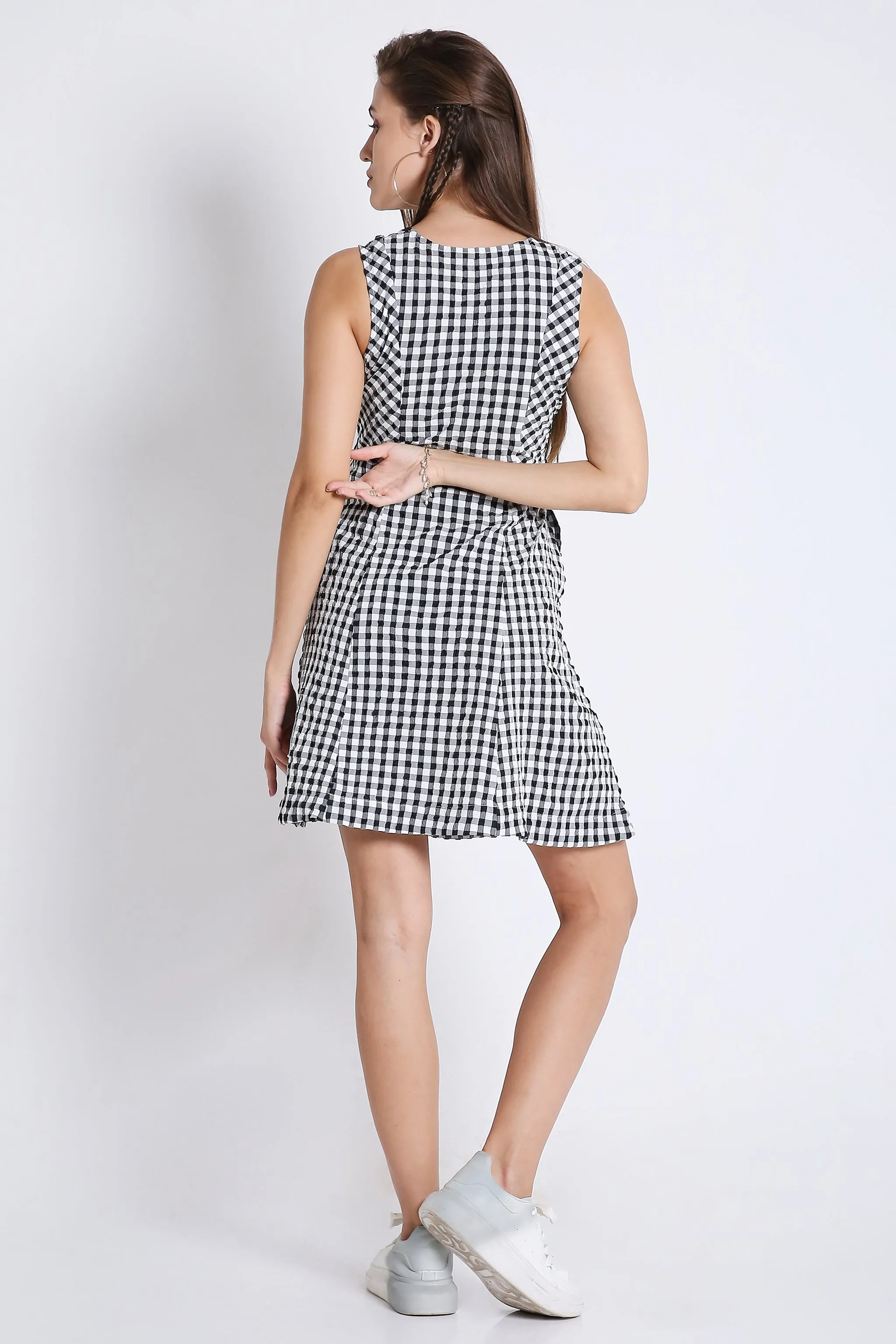 Checks Fit & Flared Sleeveless Pink Short Dress French Theory