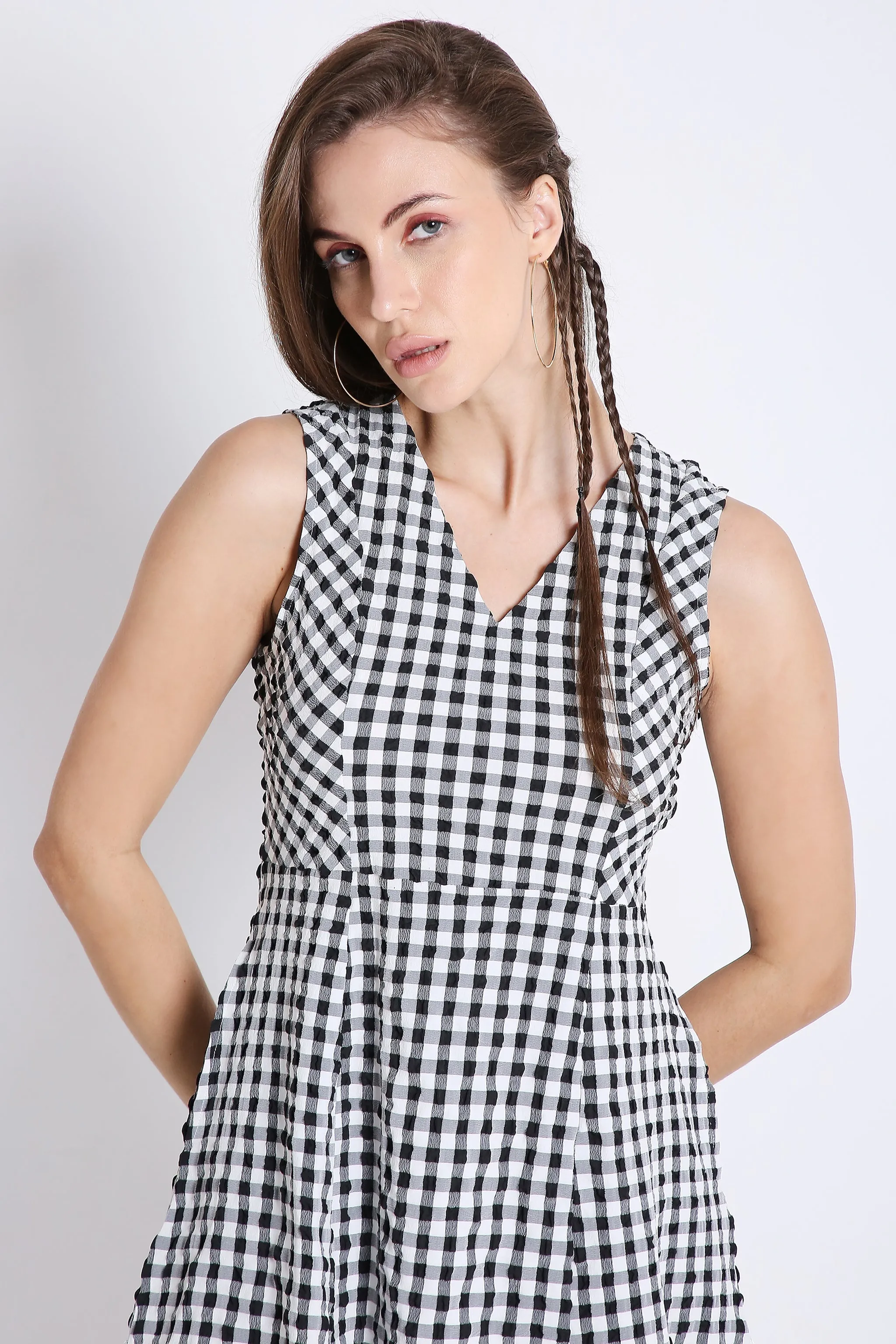 Checks Fit & Flared Sleeveless Pink Short Dress French Theory