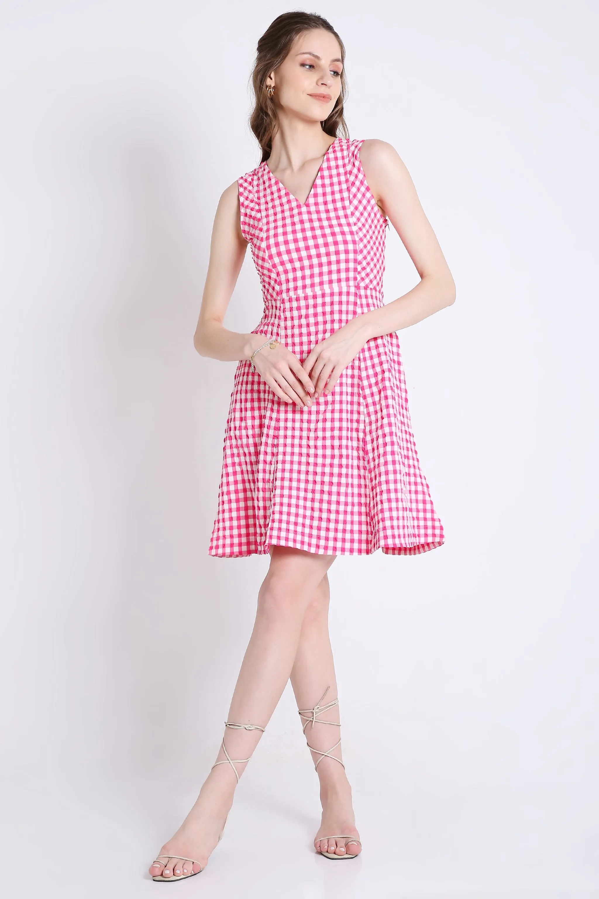 Checks Fit & Flared Sleeveless Pink Short Dress French Theory