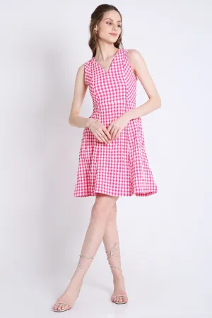 Checks Fit & Flared Sleeveless Pink Short Dress French Theory