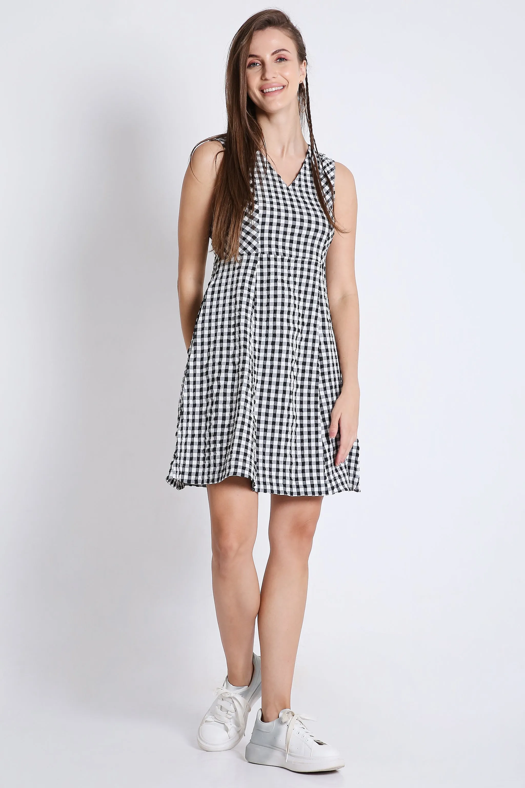 Checks Fit & Flared Sleeveless Pink Short Dress French Theory
