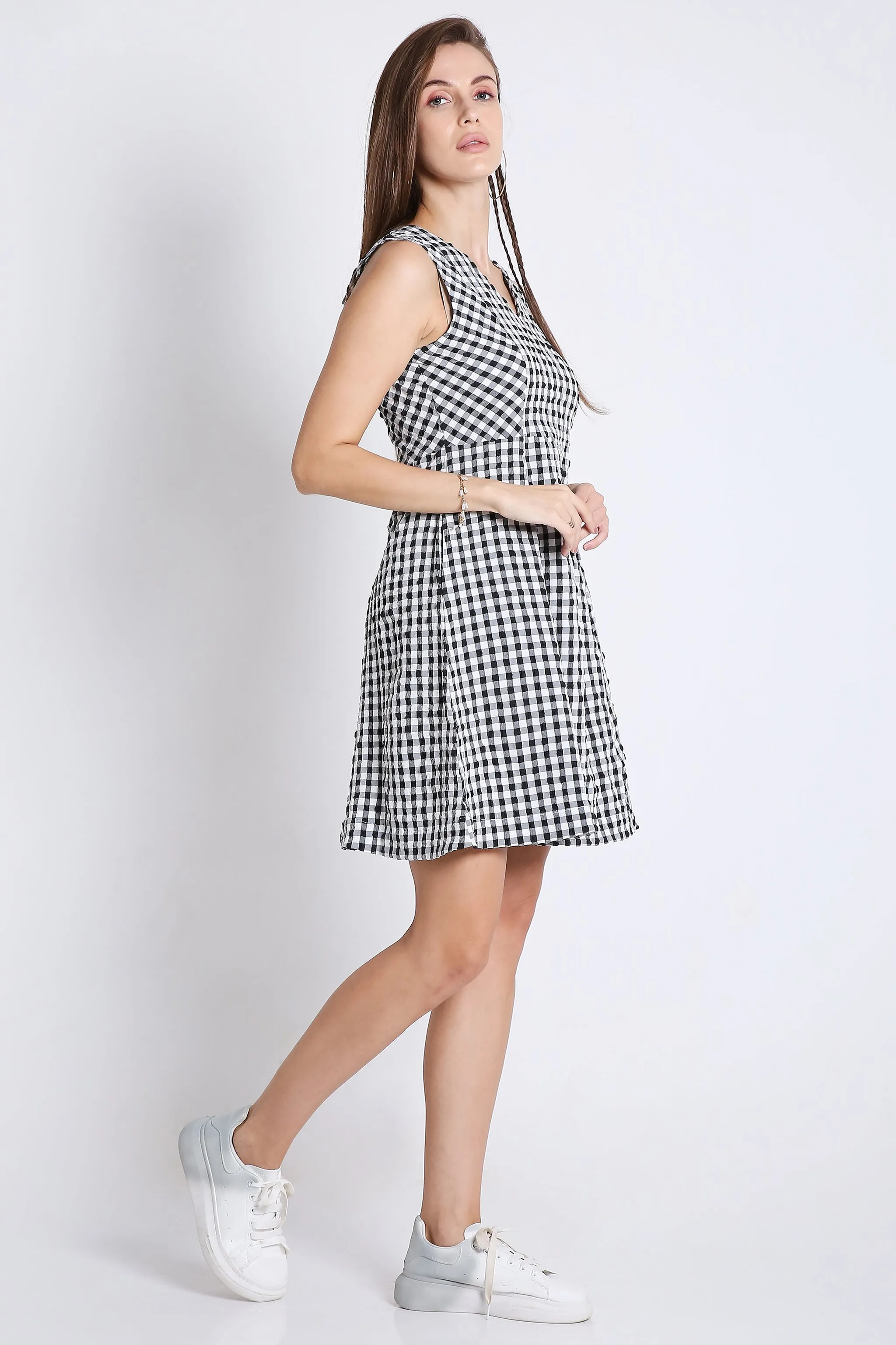 Checks Fit & Flared Sleeveless Pink Short Dress French Theory