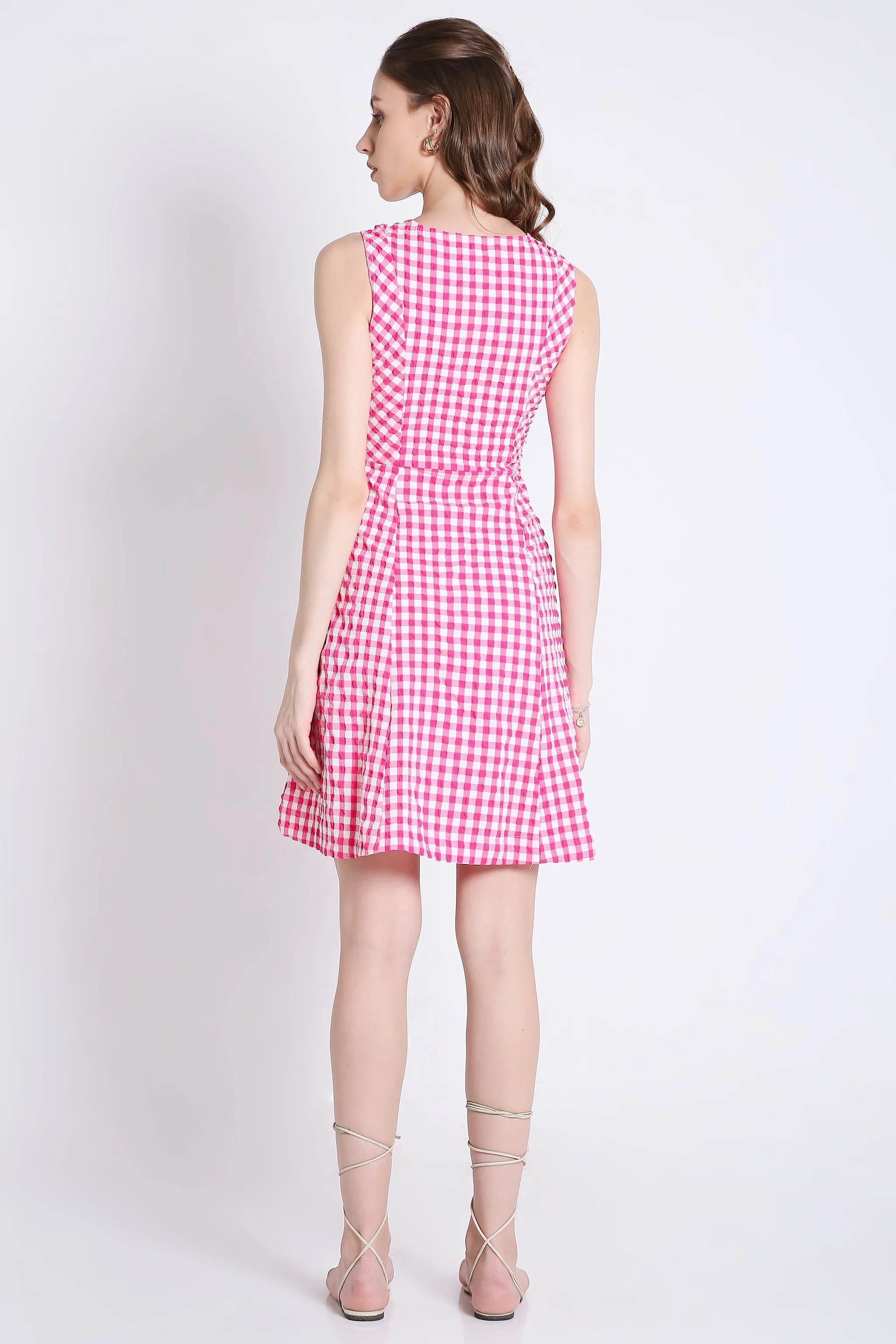 Checks Fit & Flared Sleeveless Pink Short Dress French Theory