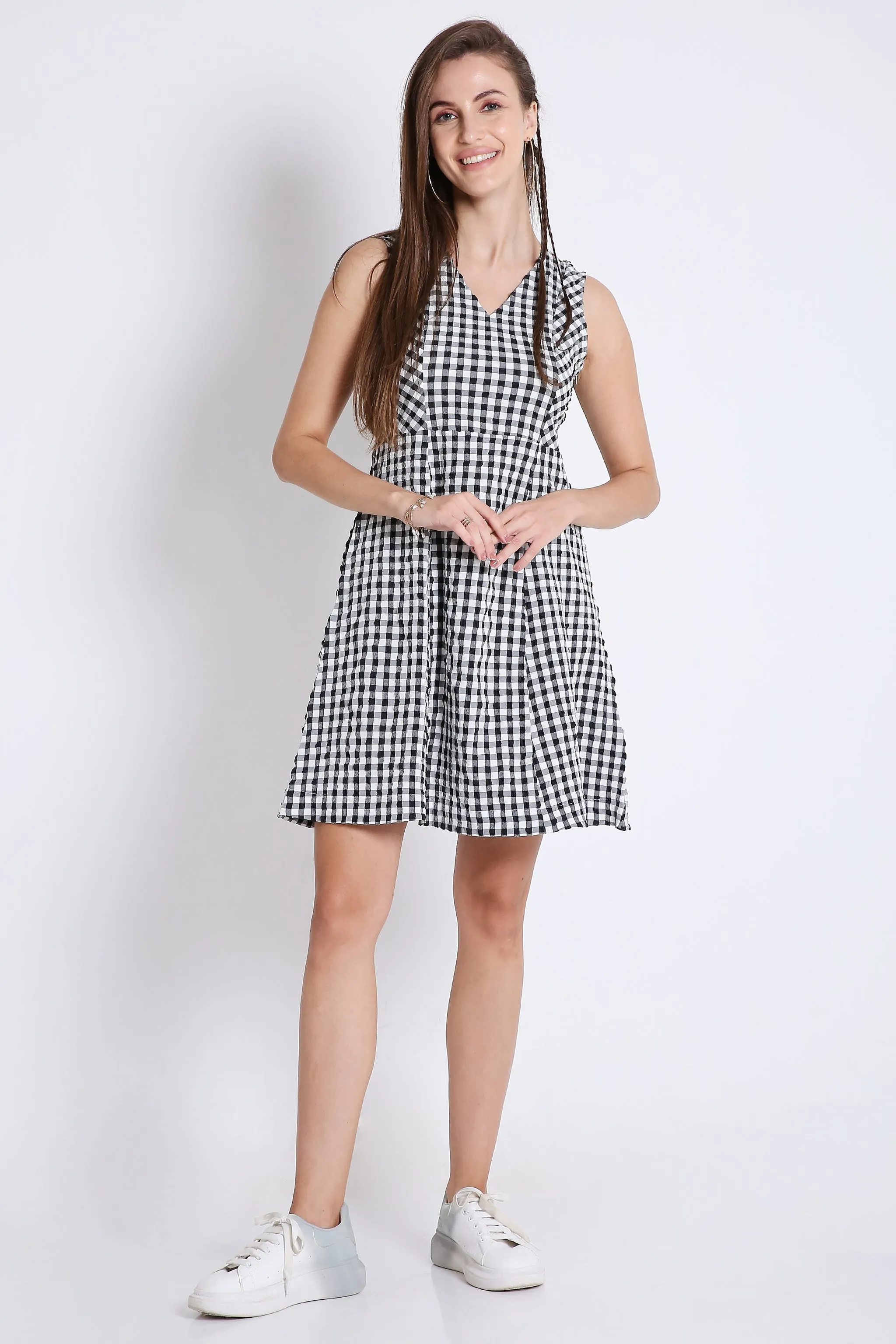 Checks Fit & Flared Sleeveless Pink Short Dress French Theory