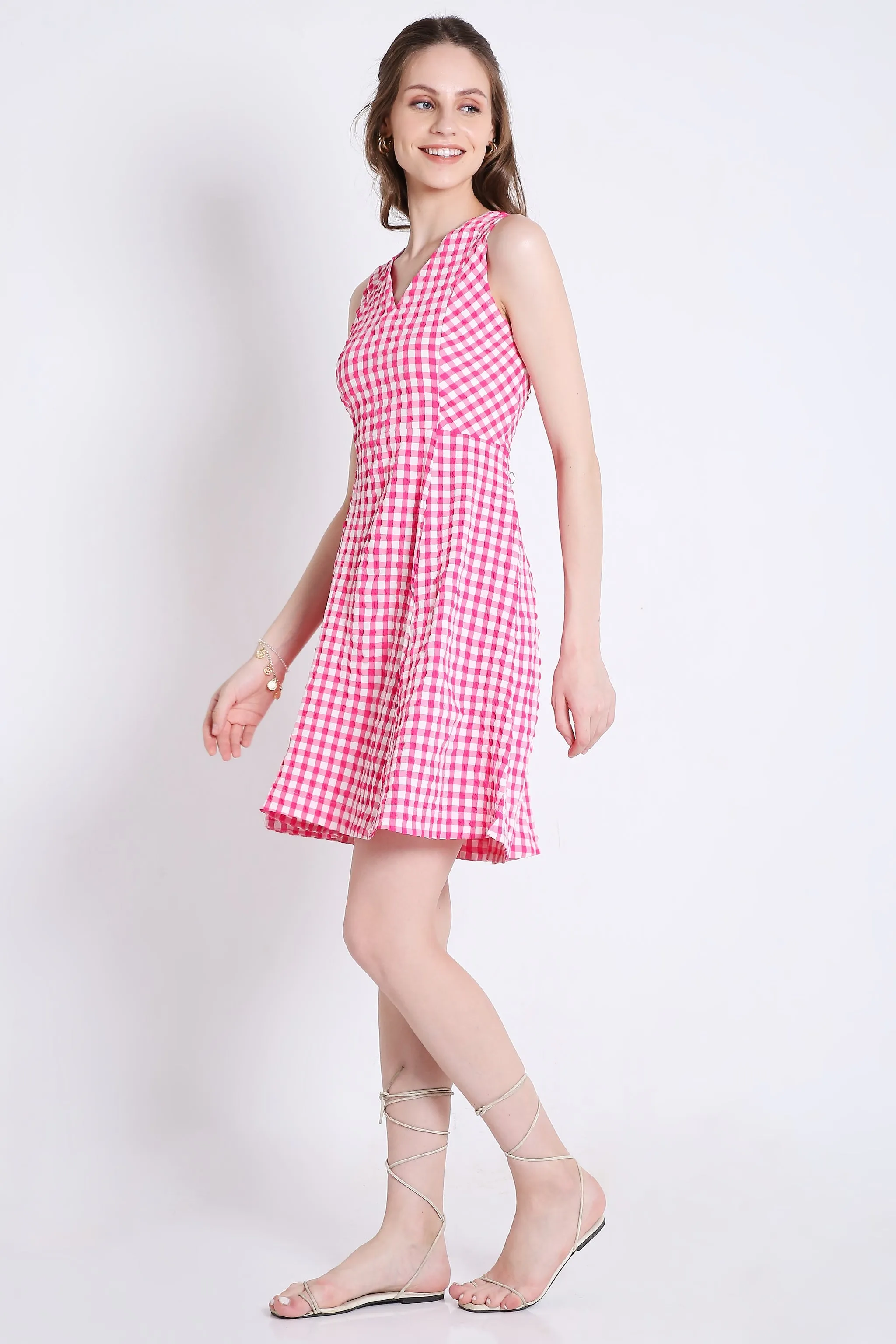 Checks Fit & Flared Sleeveless Pink Short Dress French Theory