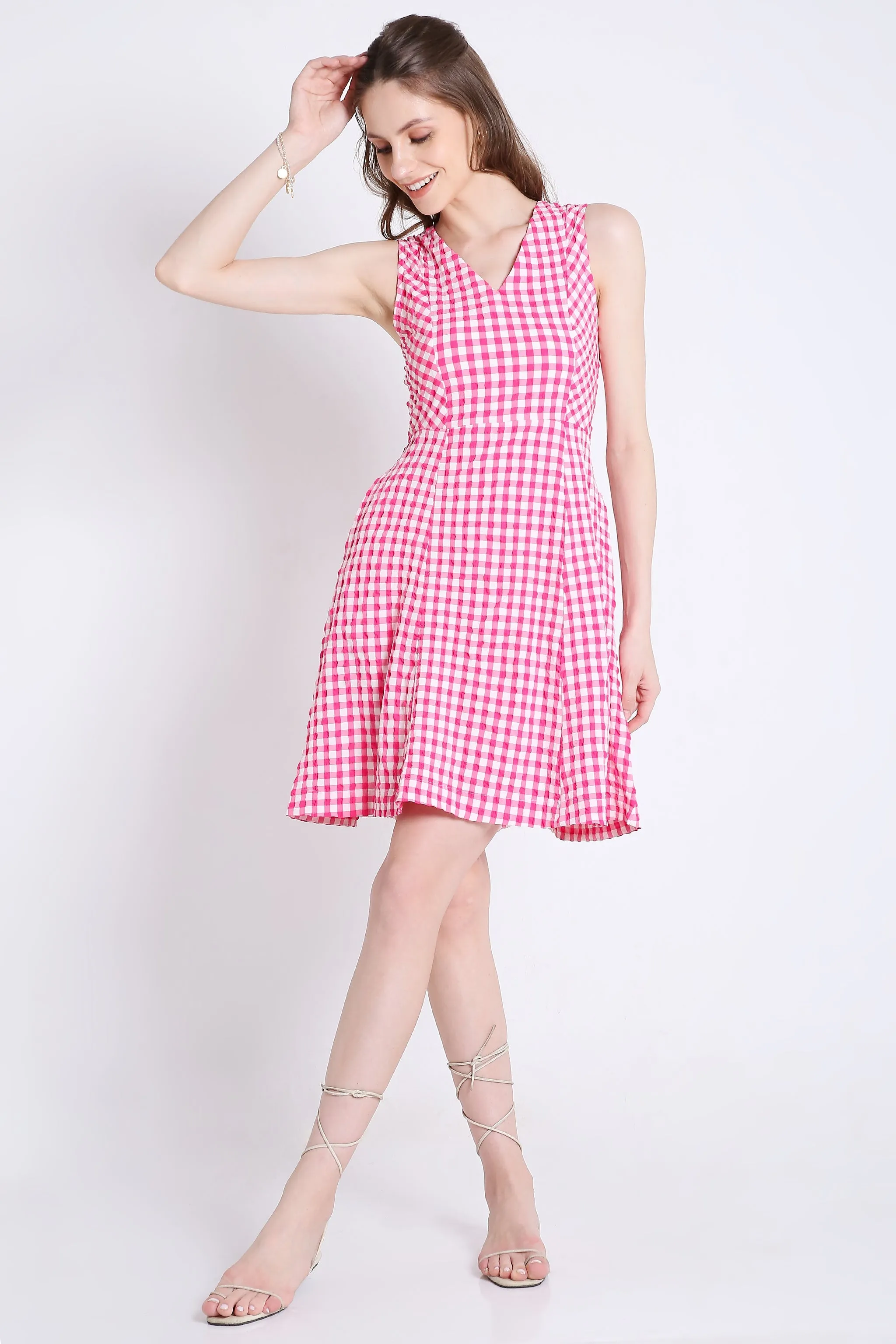 Checks Fit & Flared Sleeveless Pink Short Dress French Theory