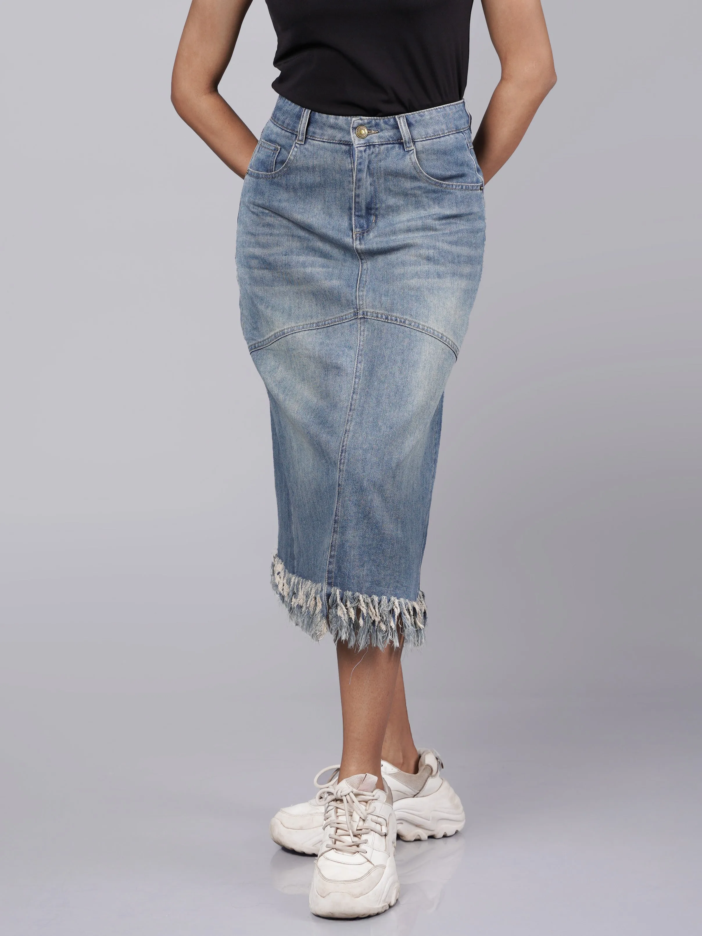 Classic Fringed Blue Denim Midi Skirt French Theory